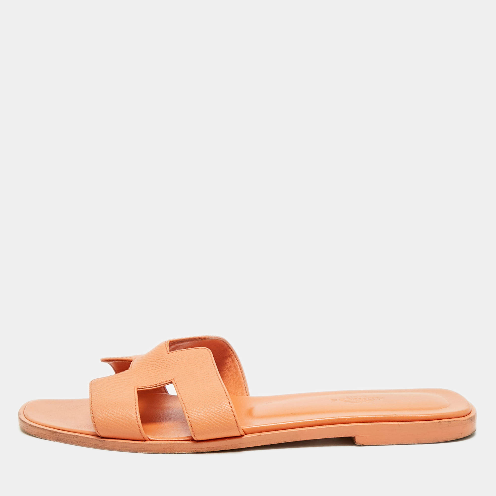 Pre Owned Hermes Orange Leather Oran Flat Slides Size 39