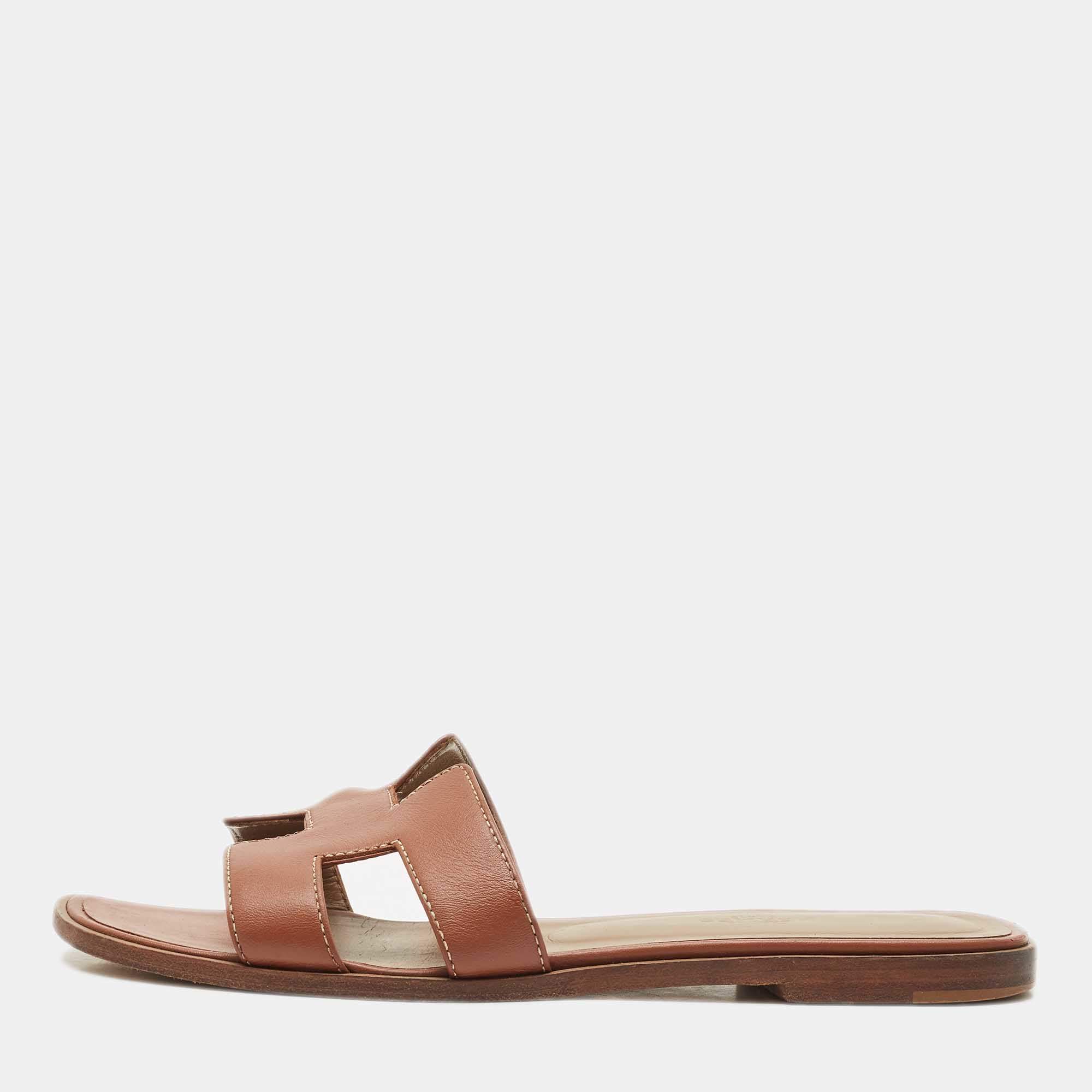 Hermes Brown Leather Oran Flat Slide Sandals Size 38