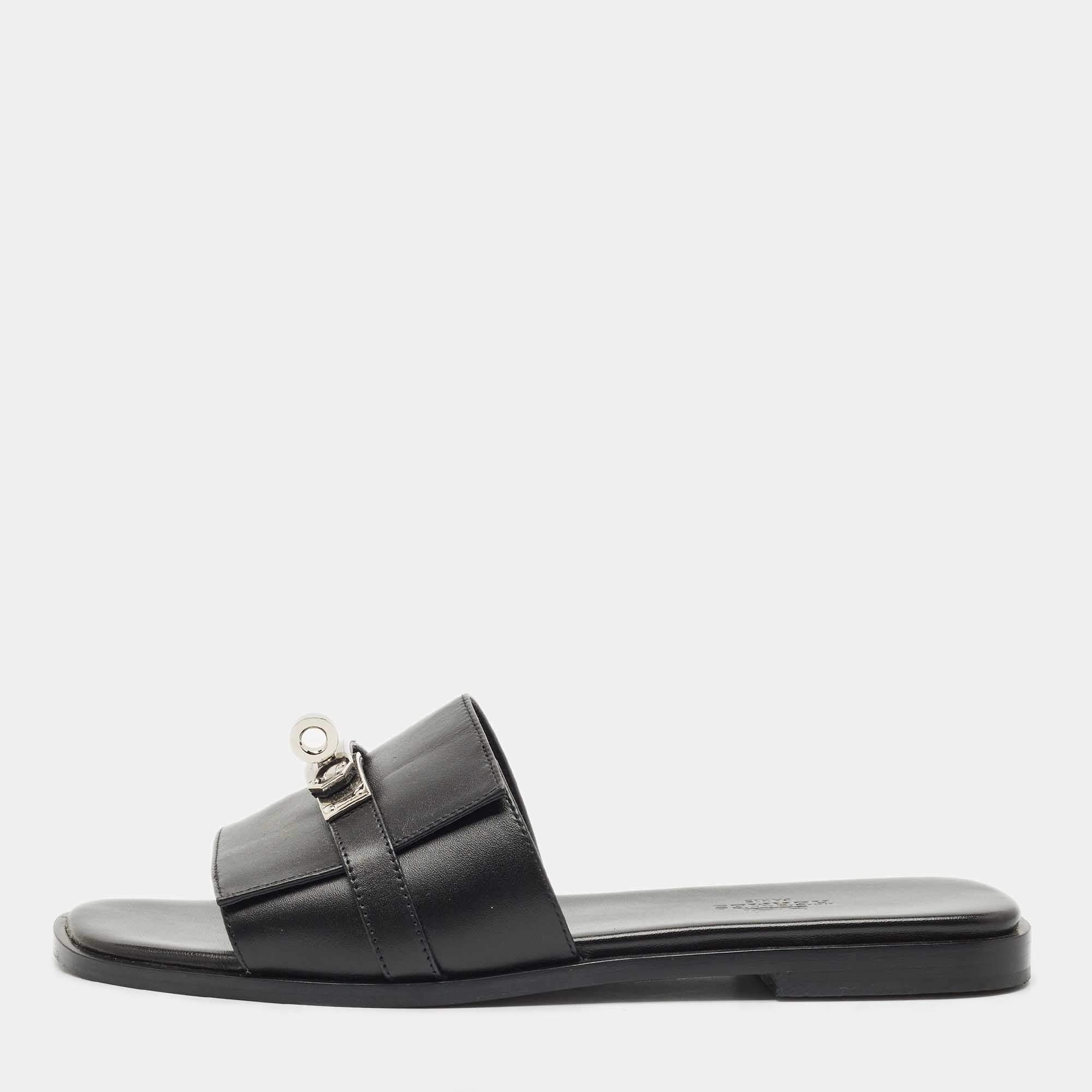 Hermes Black Leather Gabriel Slide Sandals Size 37