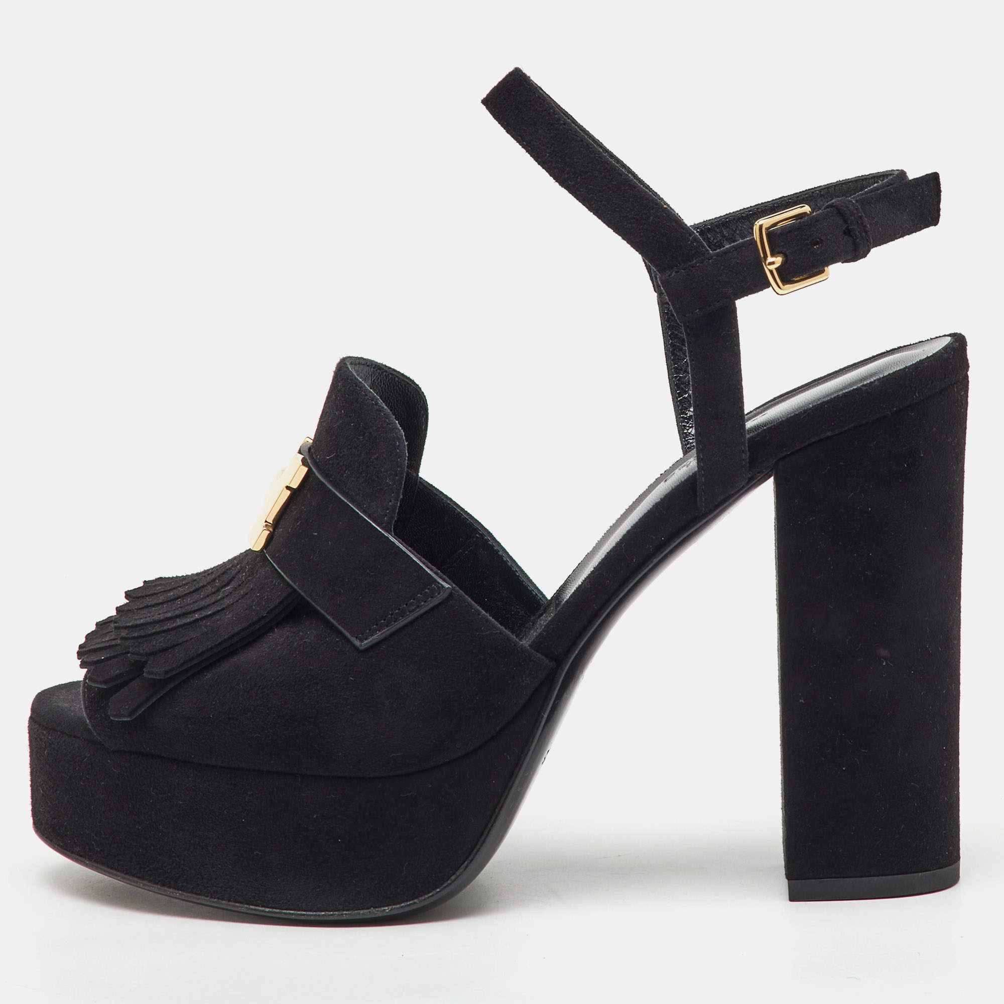 Hermes Black Suede Anjou Block Heel Platform Ankle Strap Sandals Size 40