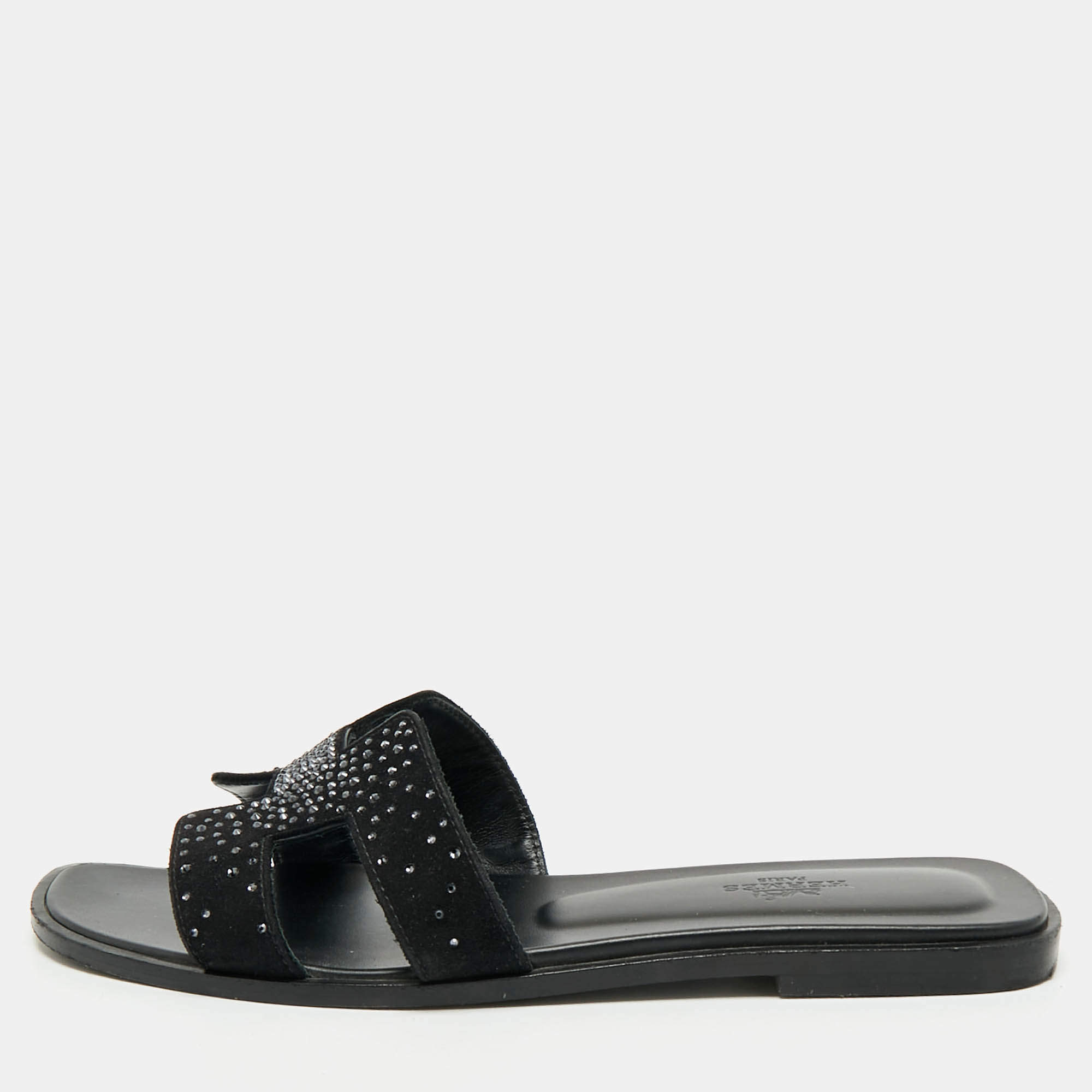 Hermes Black Suede Crystal Embellished Oran Flat Slides Size 39