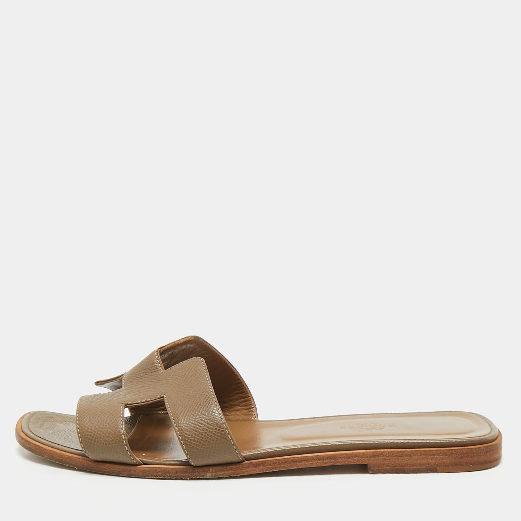 Hermes Grey Leather Oran Flat Slides Size 39.5