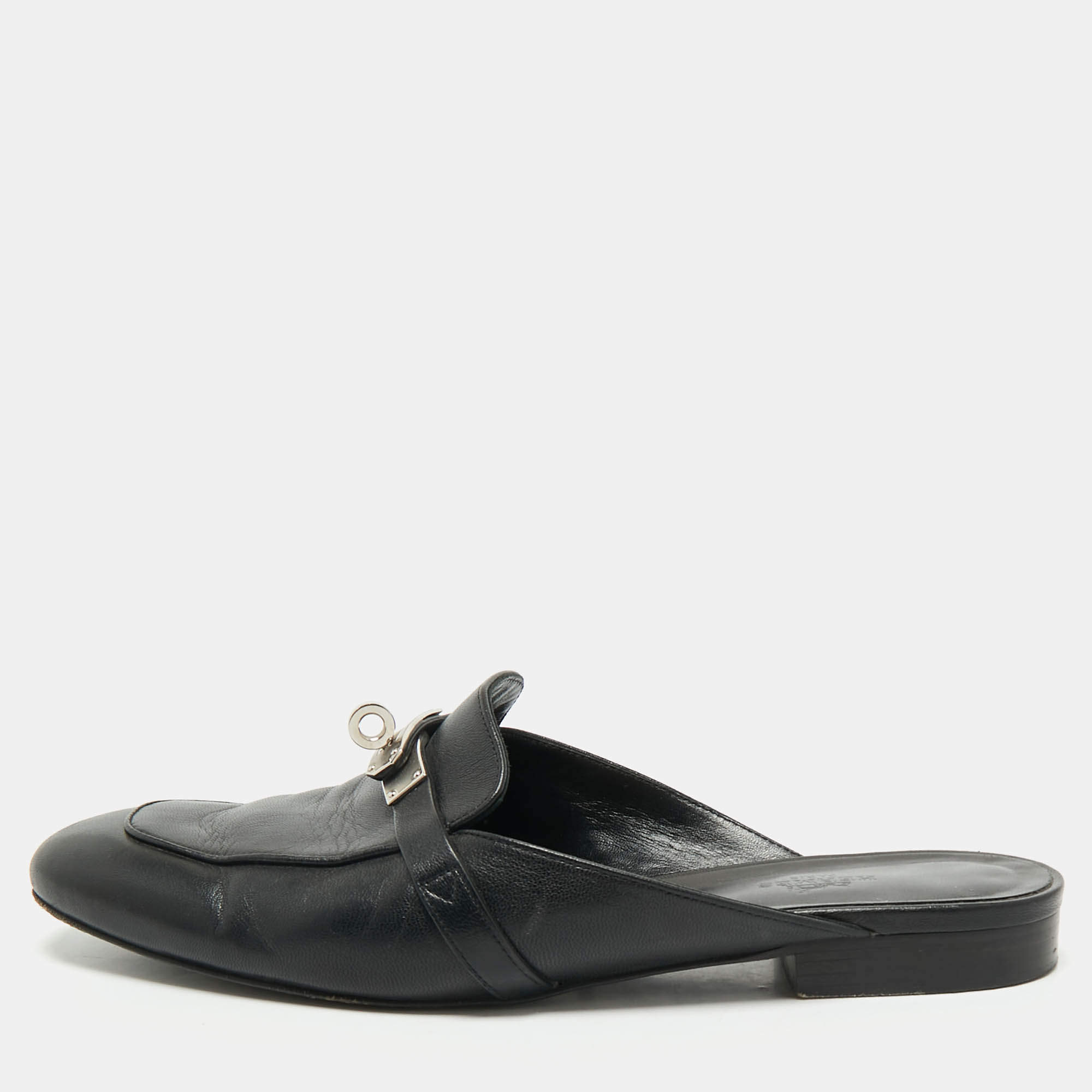 Hermes Black Leather Oz Flat Mules Size 39