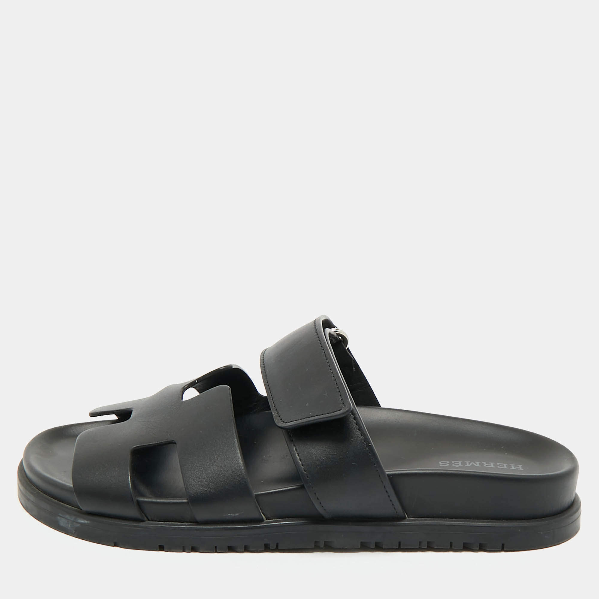Hermes Black Leather Chypre Sandals Size 36