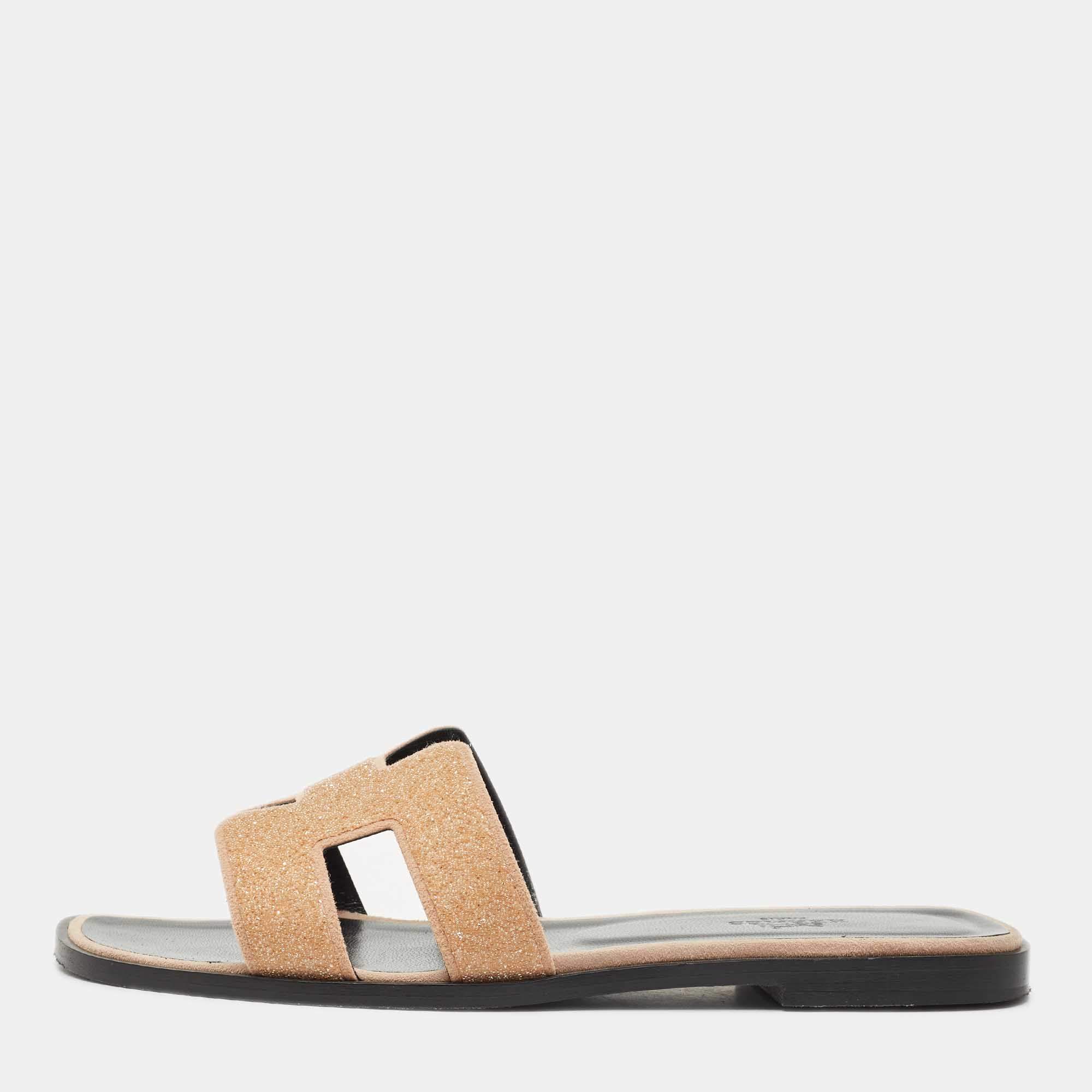 Hermes Peach Pink Glitter and Suede Oran Flat Slide Sandals Size 37.5