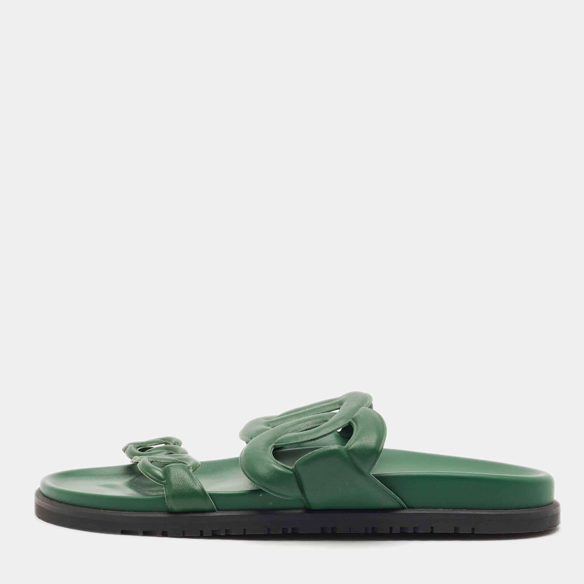 Hermes Dark Green Leather Extra Sandals Size 41
