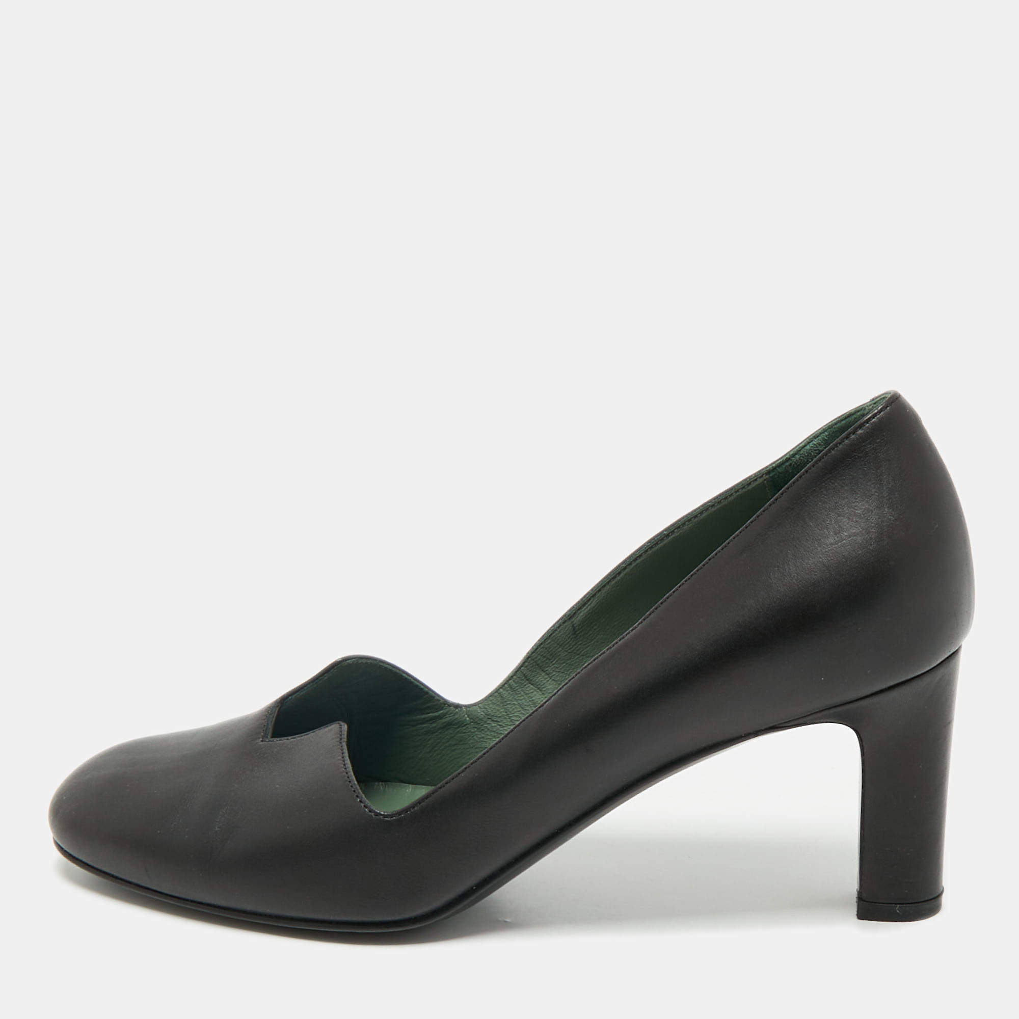Pre Owned Hermes Black Leather Block Heel Pumps Size 37.5