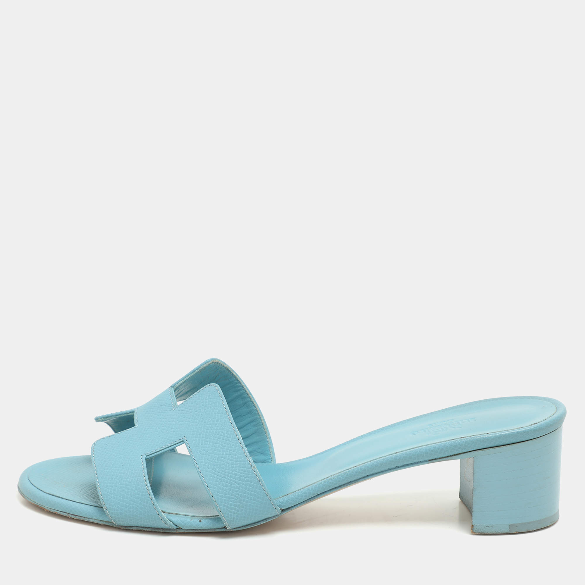 Pre Owned Hermes Blue Leather Oasis Slide Sandals Size 38.5