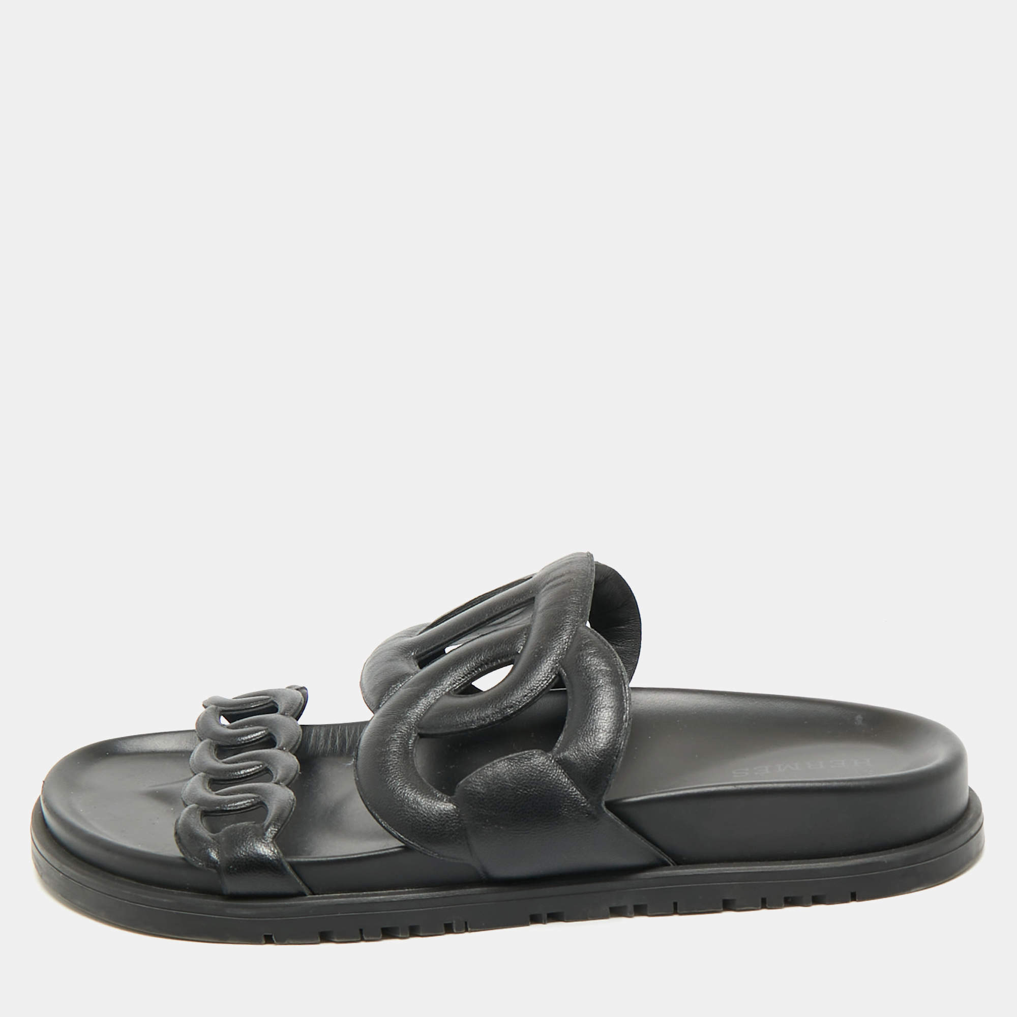 Pre Owned Hermes Black Leather Extra Flat Slide Sandals Size 36.5