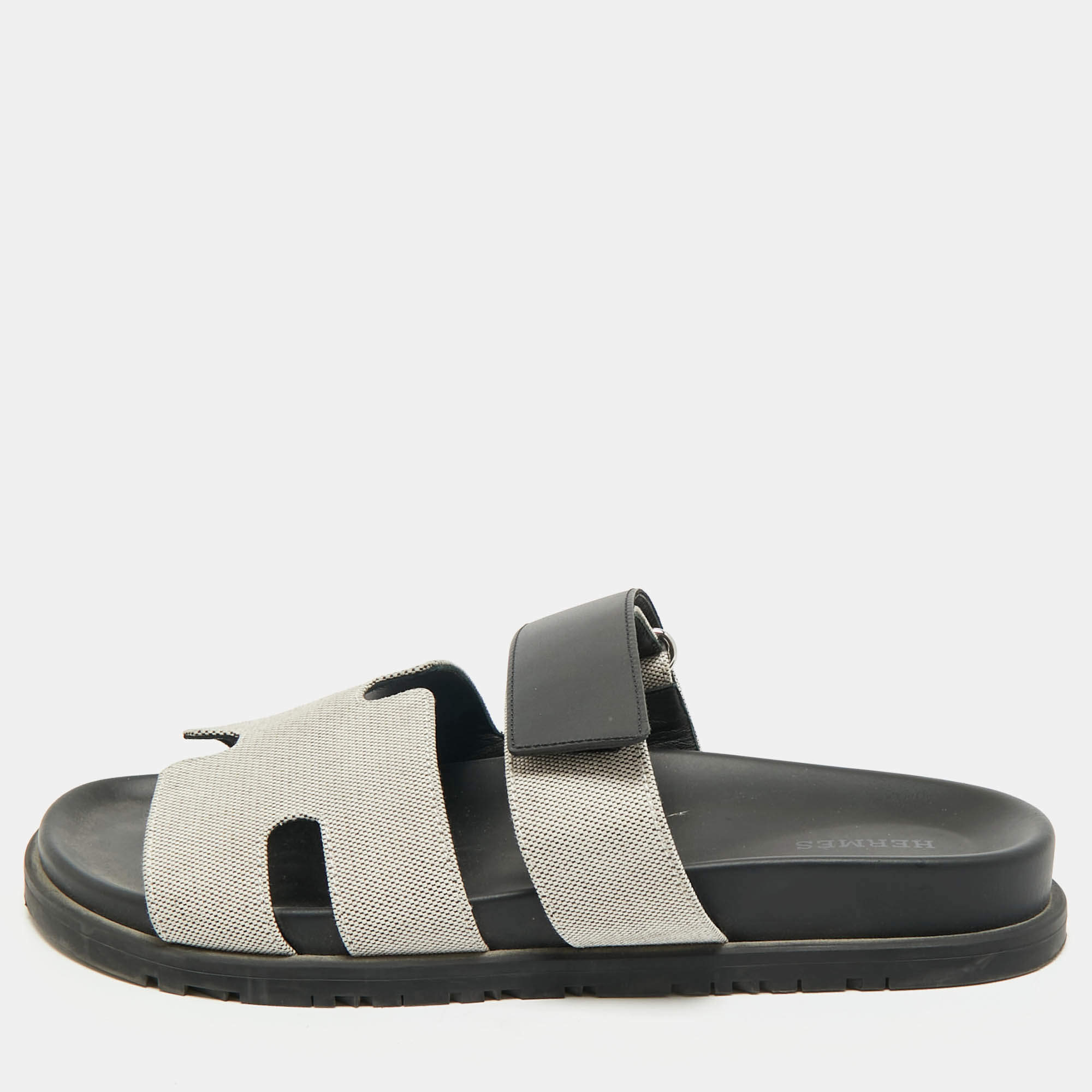 Hermes Grey/Black Canvas and Leather Chypre Sandals Size 40