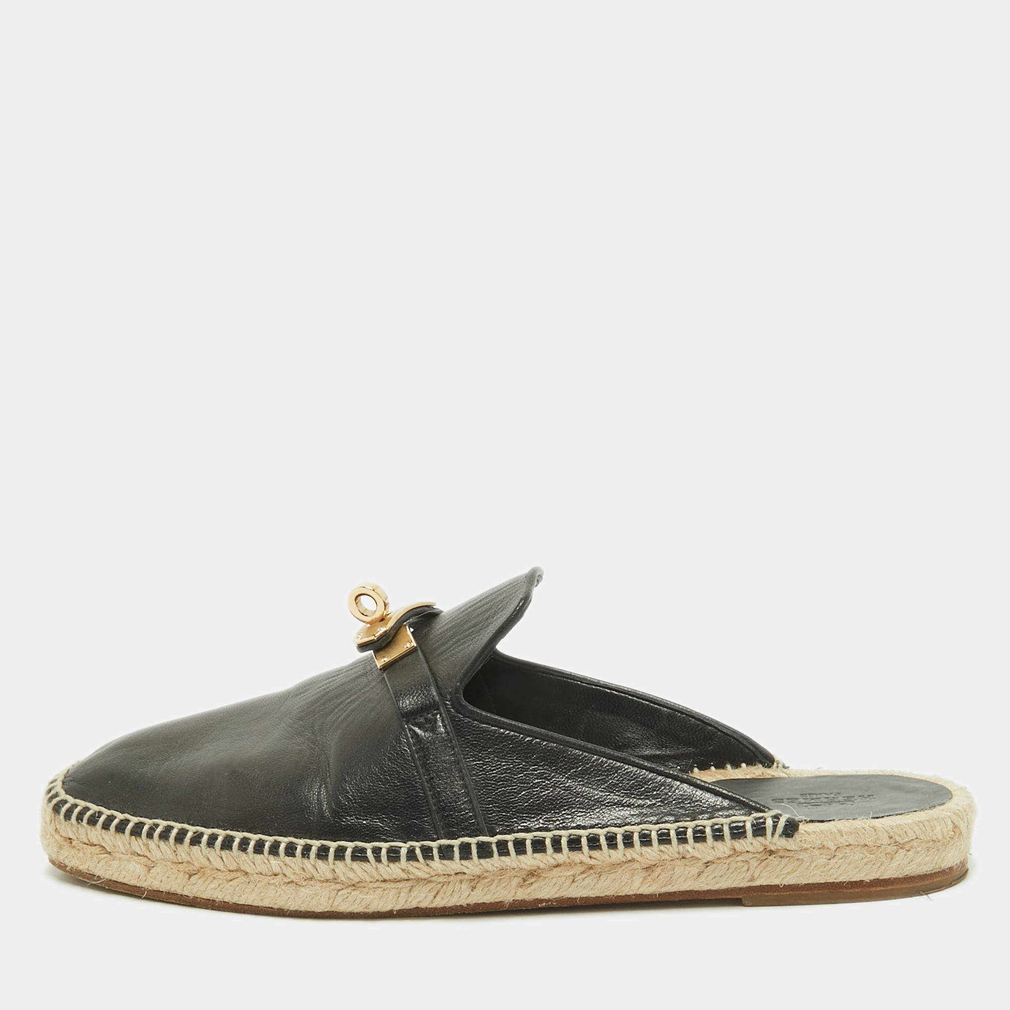 Pre Owned Hermes Black Leather Oz Espadrille Sandals Size 40