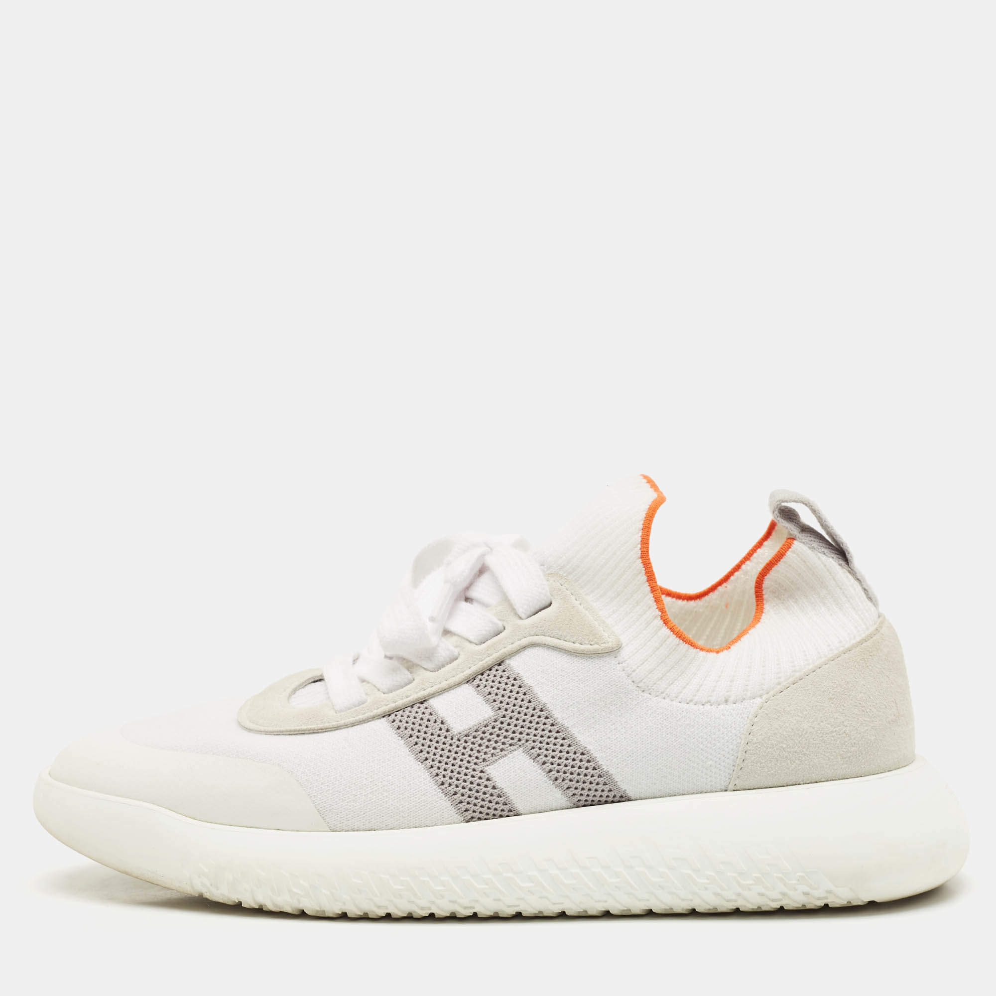 Pre Owned Hermes White/Grey Knit Fabric Crew Sneakers Size 37