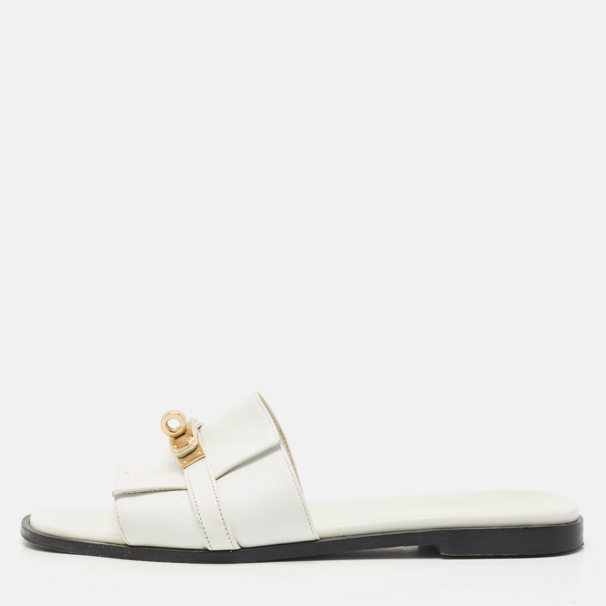 Pre Owned Hermès White Leather Giulia Flat Sandals Size 38.5