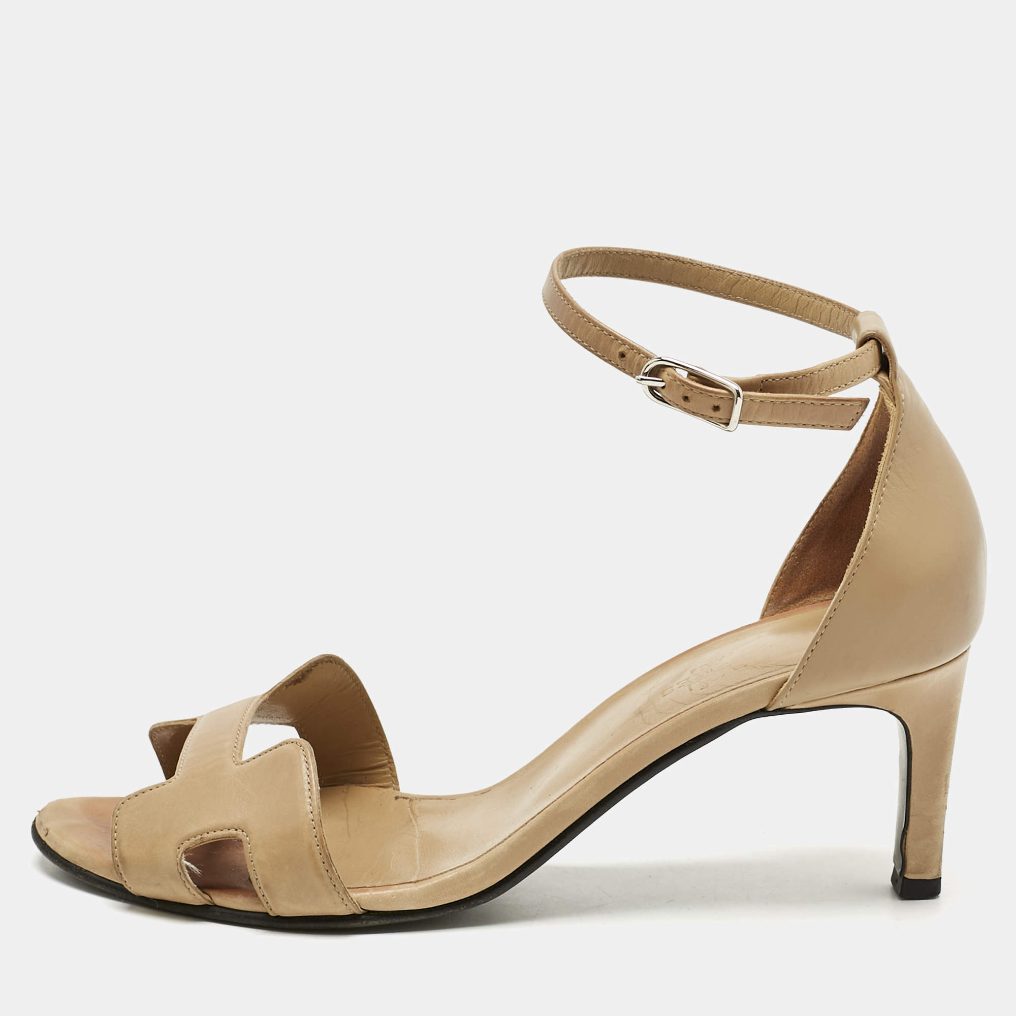 Pre Owned Hermes Beige Leather Premiere Ankle Strap Sandals Size 38