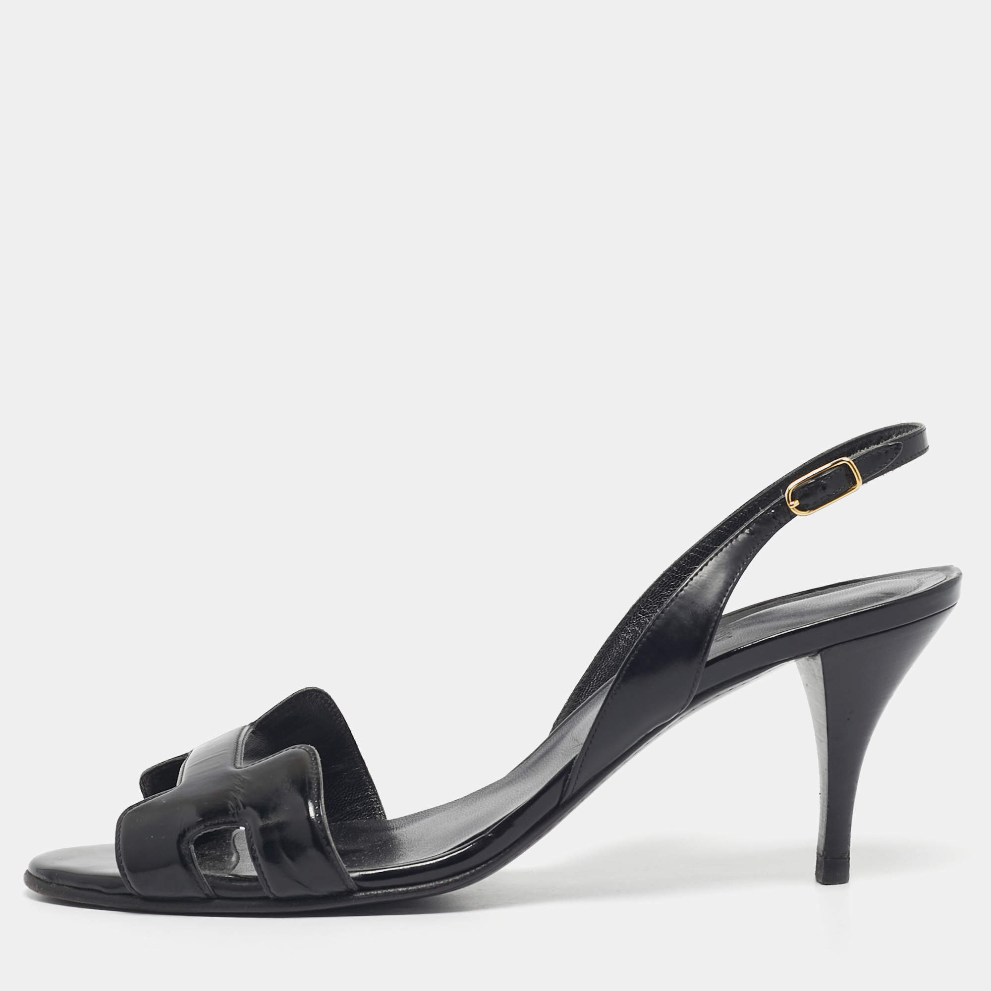 Pre Owned Hermes Black Leather Night Slingback Sandals Size 39