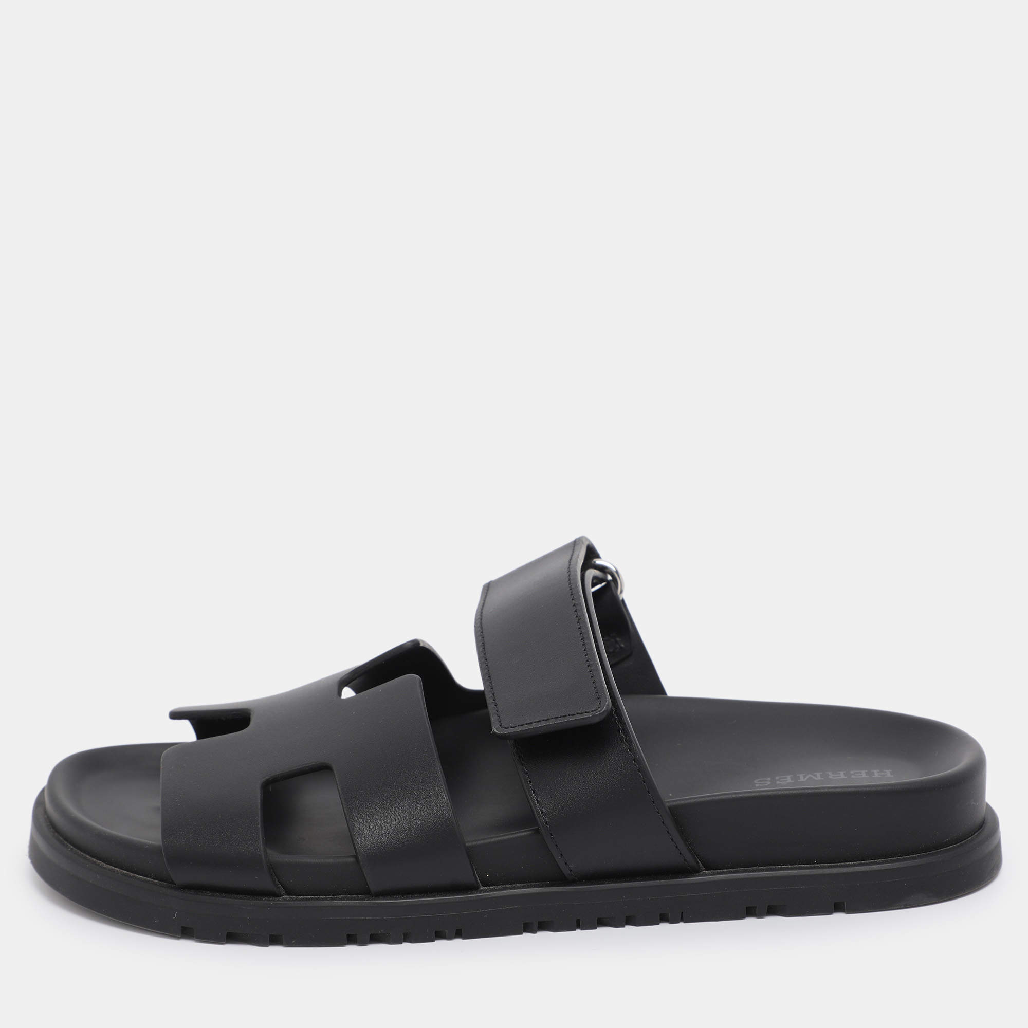 Pre Owned Hermes Black Leather Chypre Slide Sandals Size 35