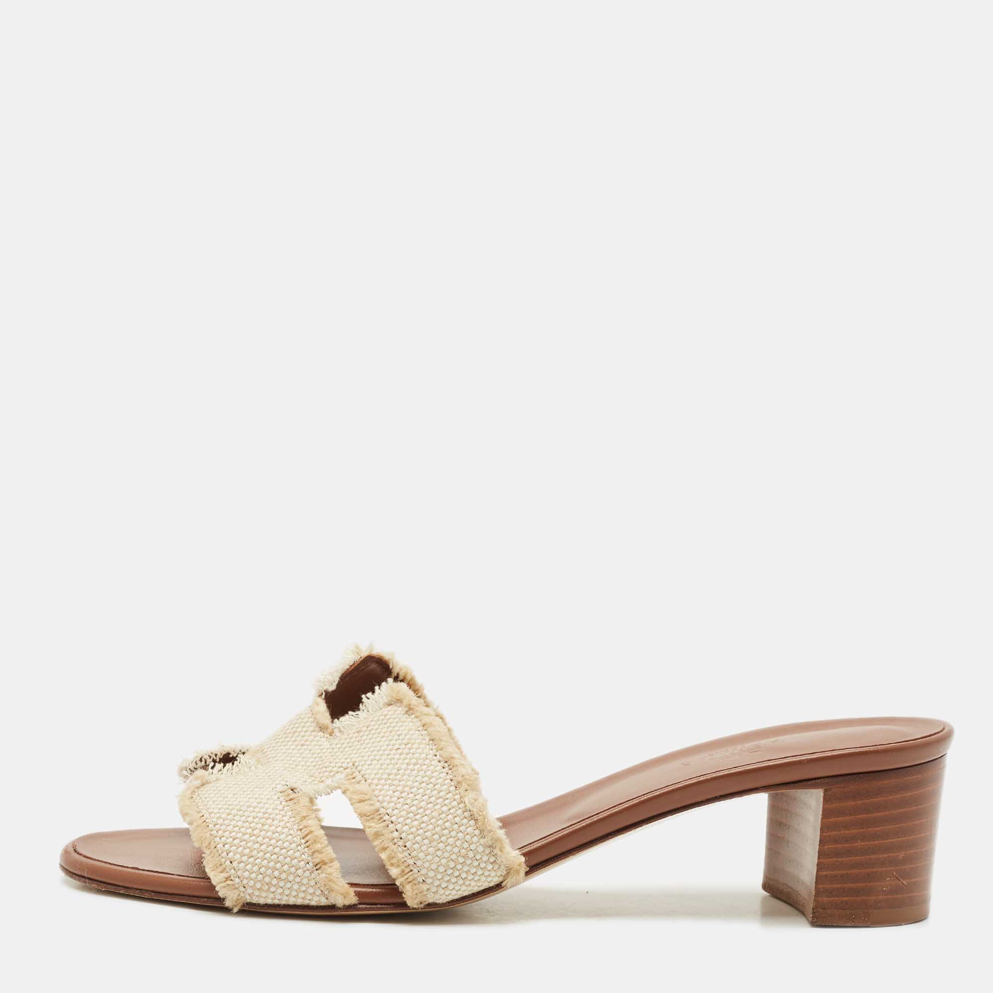 Pre Owned Hermes Brown/Cream Canvas Oasis Slide Sandals Size 39.5