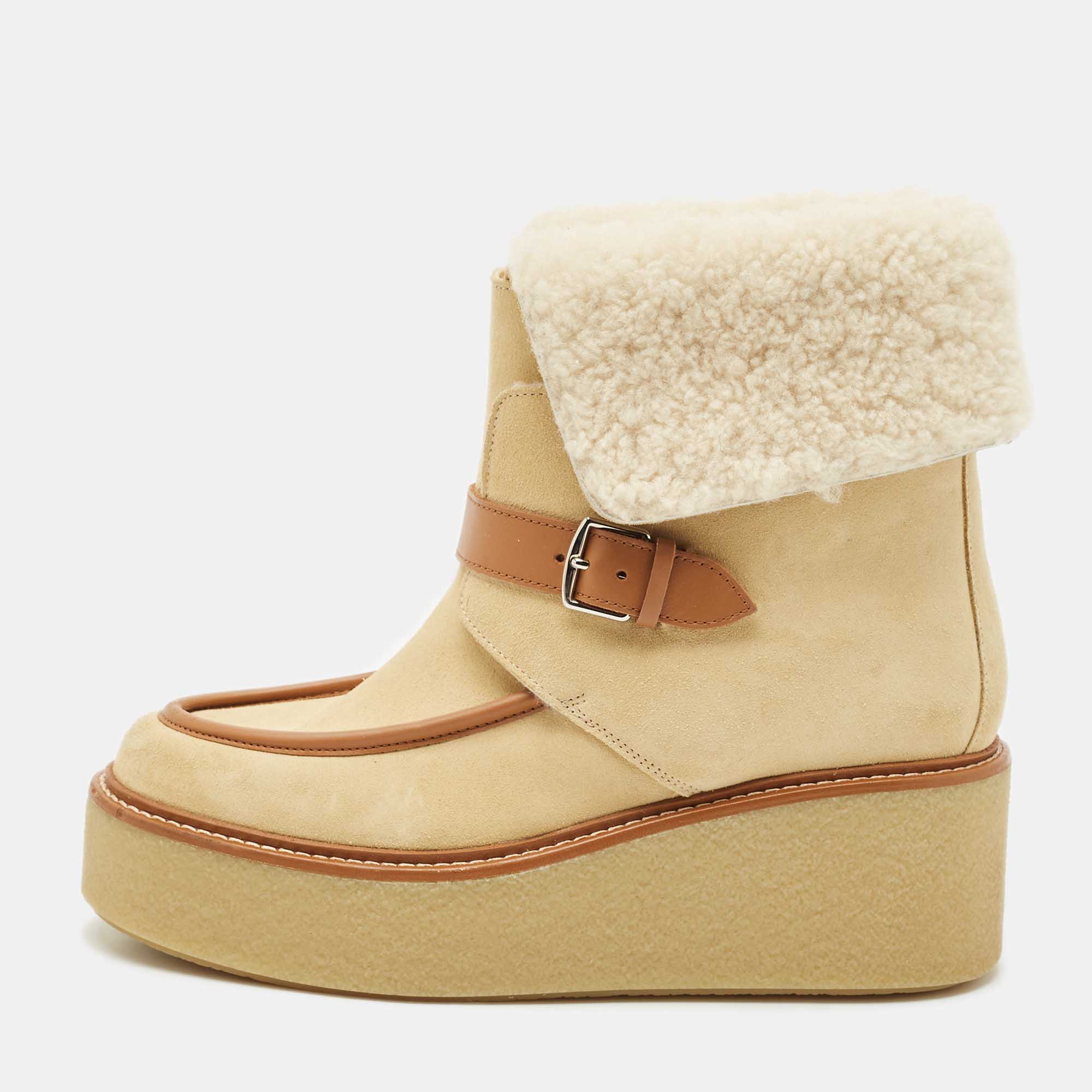 Pre Owned Hermes Beige Suede and Shearling Fur Hemisphere Ankle Boots Size 37