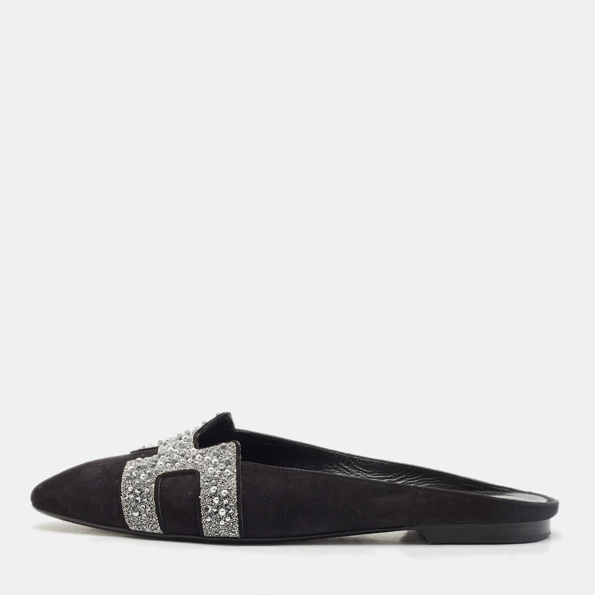 Pre Owned Hermes Black/Silver Suede And Crystal Roxane Mules Size 38