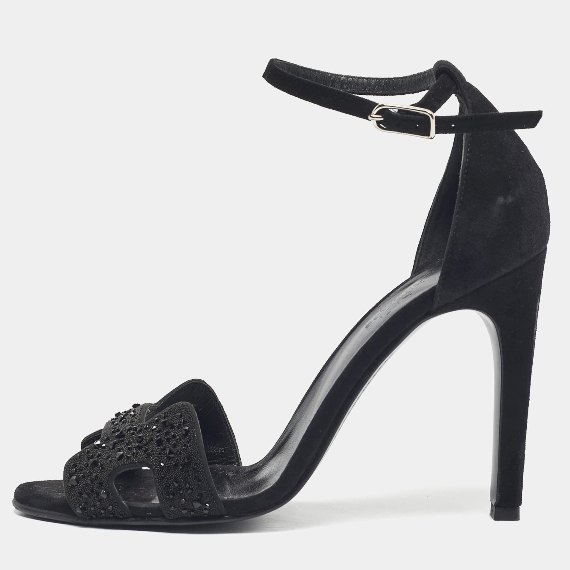 Pre Owned Hermes Black Suede And Crystal Embellished Premiere Ankle Strap Sandals Size 38.5
