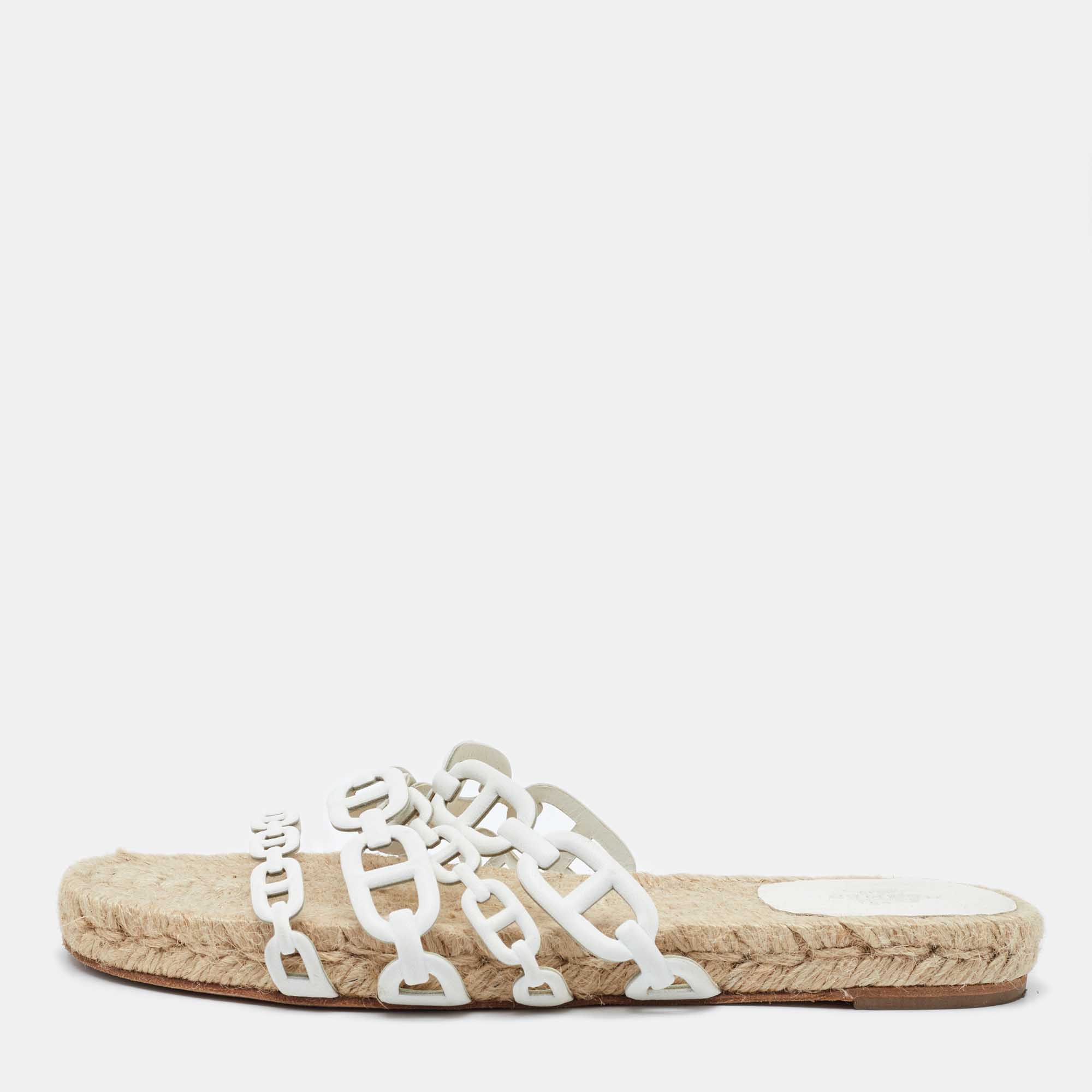 Pre Owned Hermes White Leather Ancone Espadrille Flats Size 38