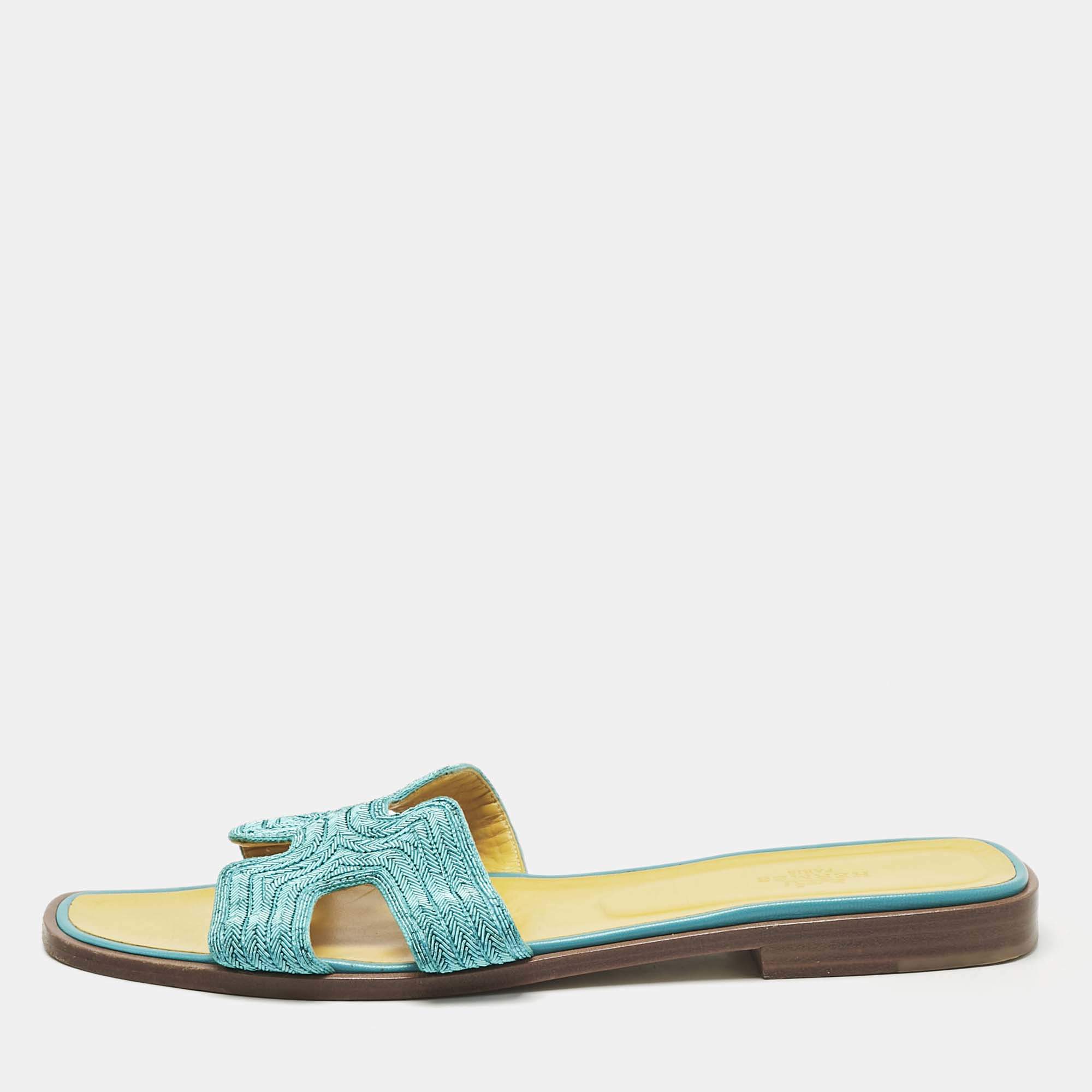Pre Owned Hermes Blue Twisted Metallic Cord Oran Flat Slide Sandals Size 39.5