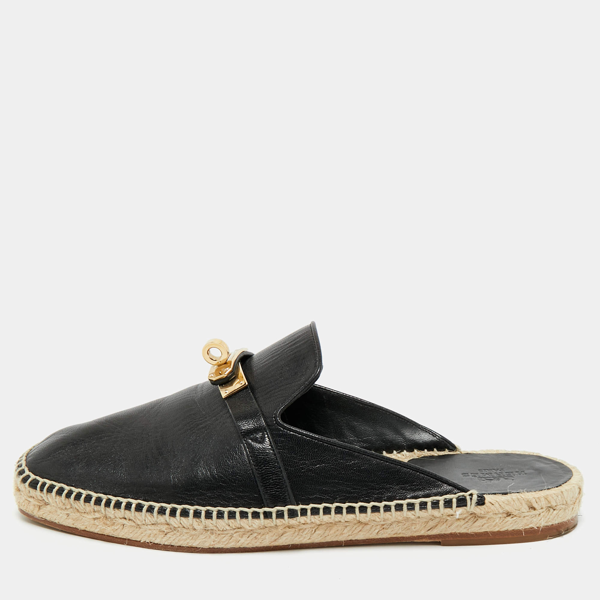 Pre Owned Hermes Black Leather Feria Flat Mules Size 38
