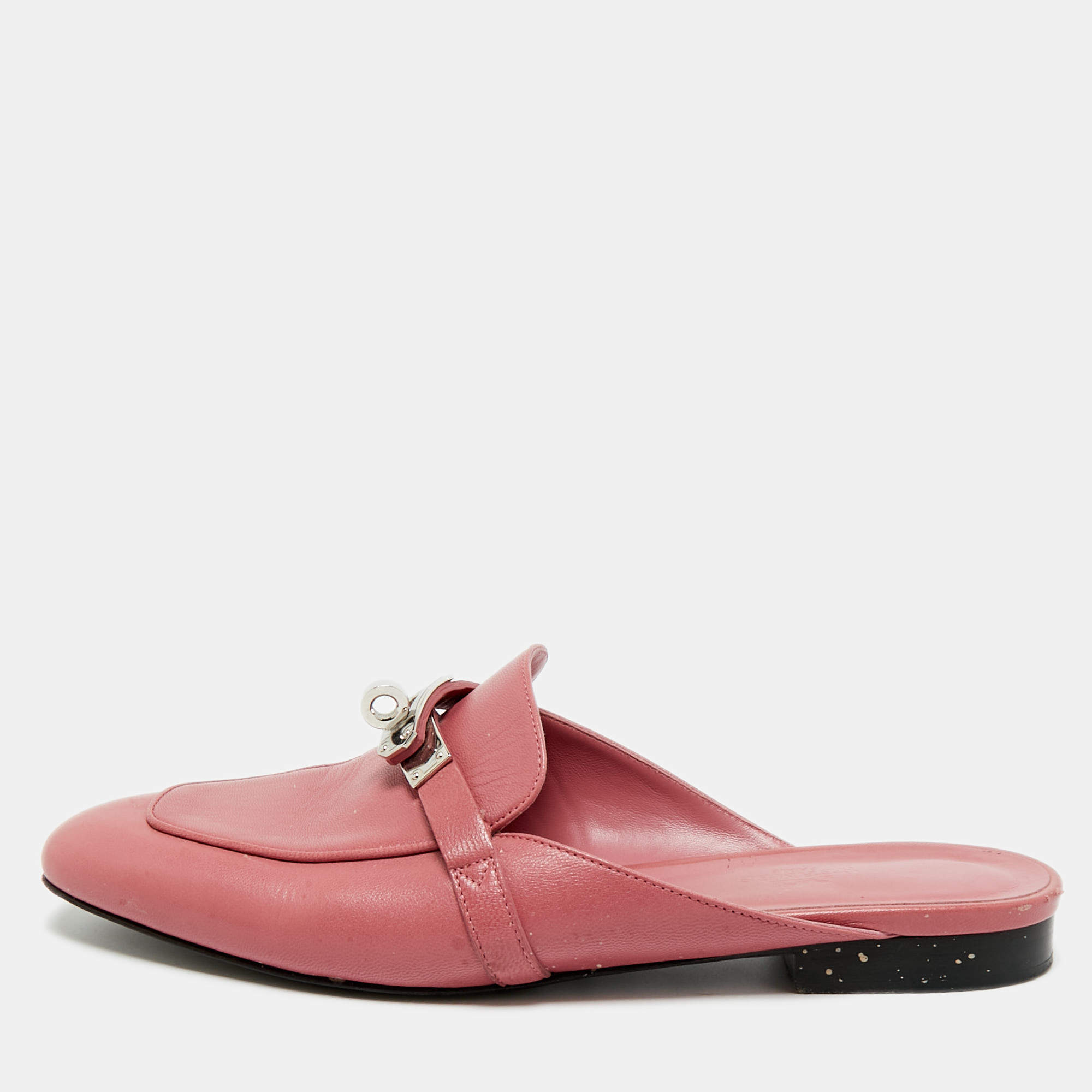 Pre Owned Hermes Pink Leather Palladium Plated Oz Mule Sandals Size 38