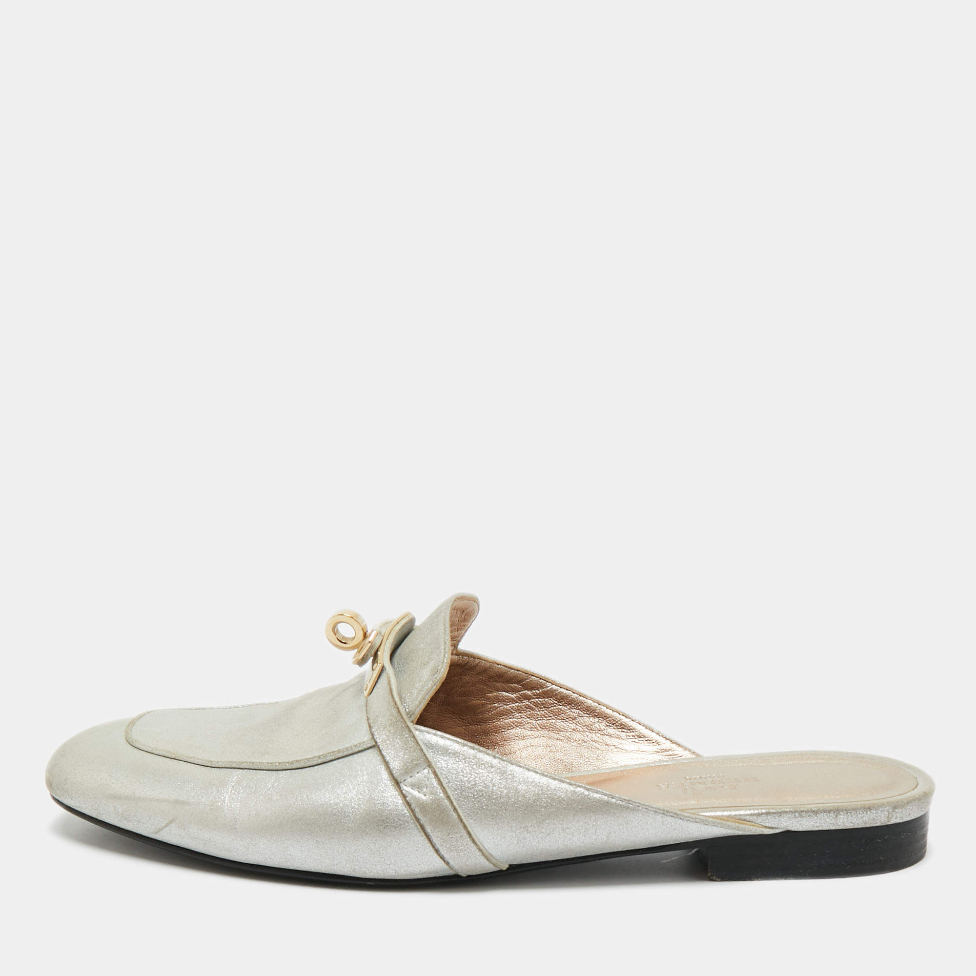 Pre Owned Hermes Silver Leather Oz Mules Size 39