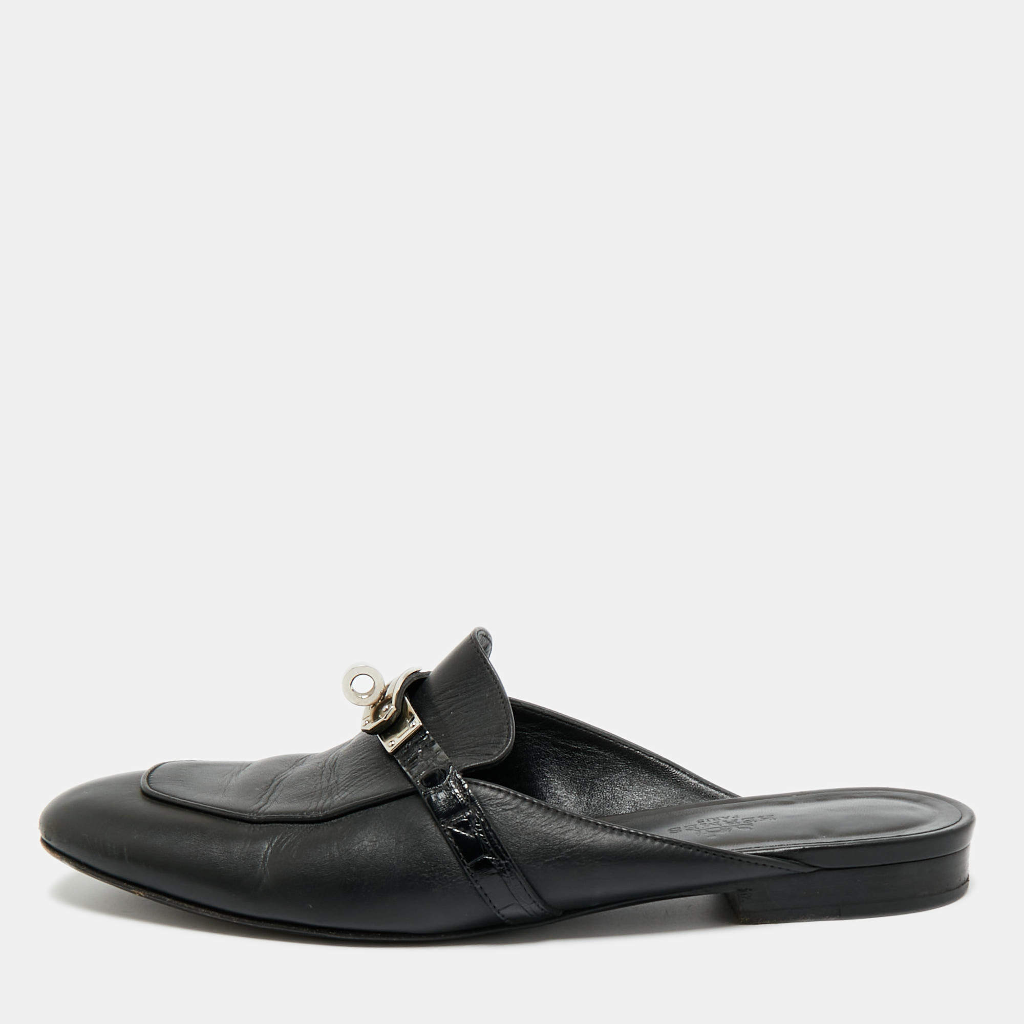 Pre Owned Hermes Black Leather Palladium Plated Oz Mule Sandals Size 39