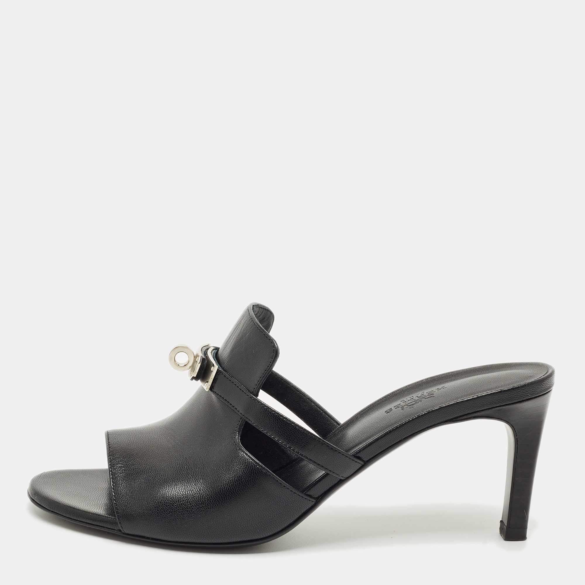 Pre Owned Hermes Black Leather Cute Slide Sandals Size 39