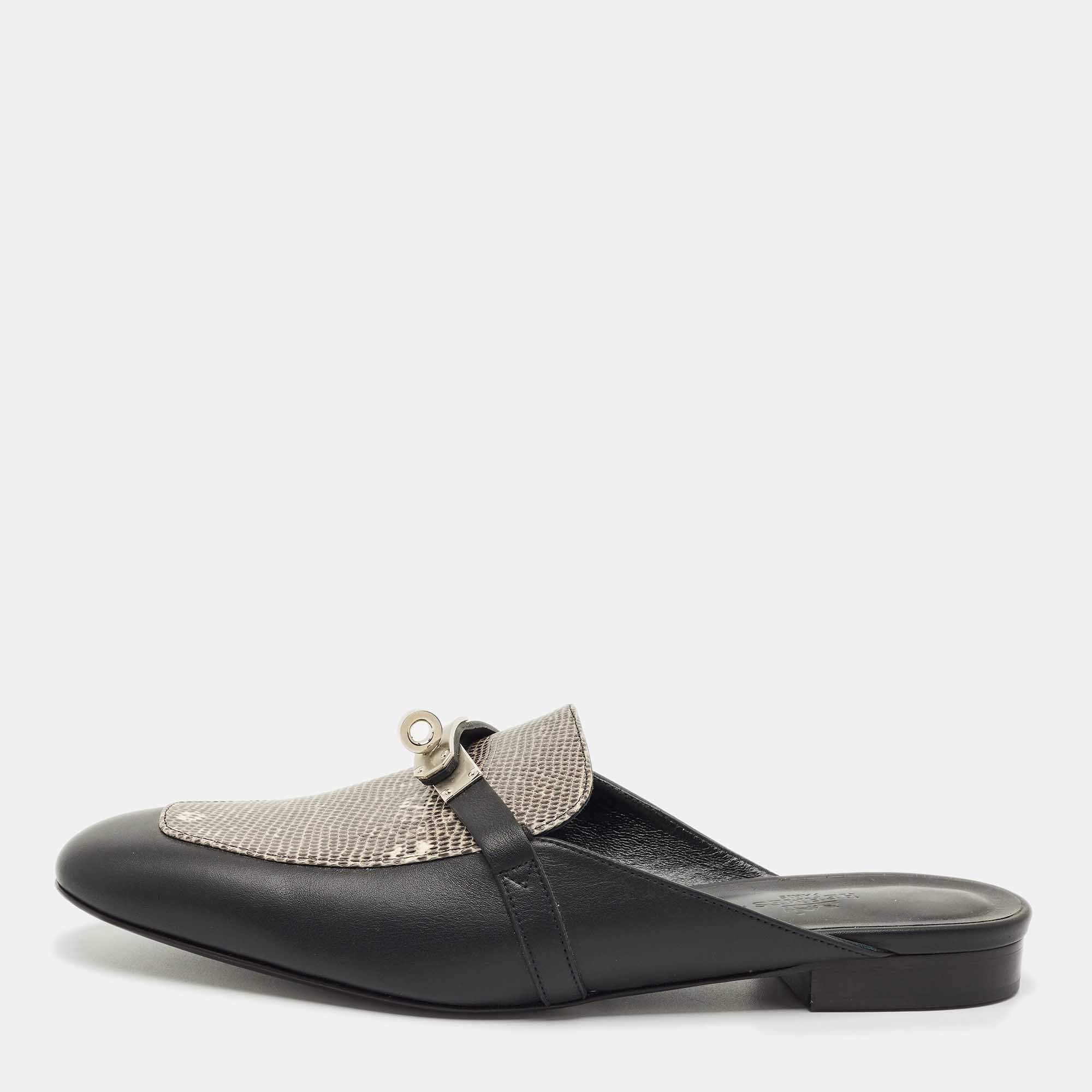 مملوكة مسبقًا صندل مولز هيرمس أوه زد مطللي بلاديوم جلد أسود مقاس 38