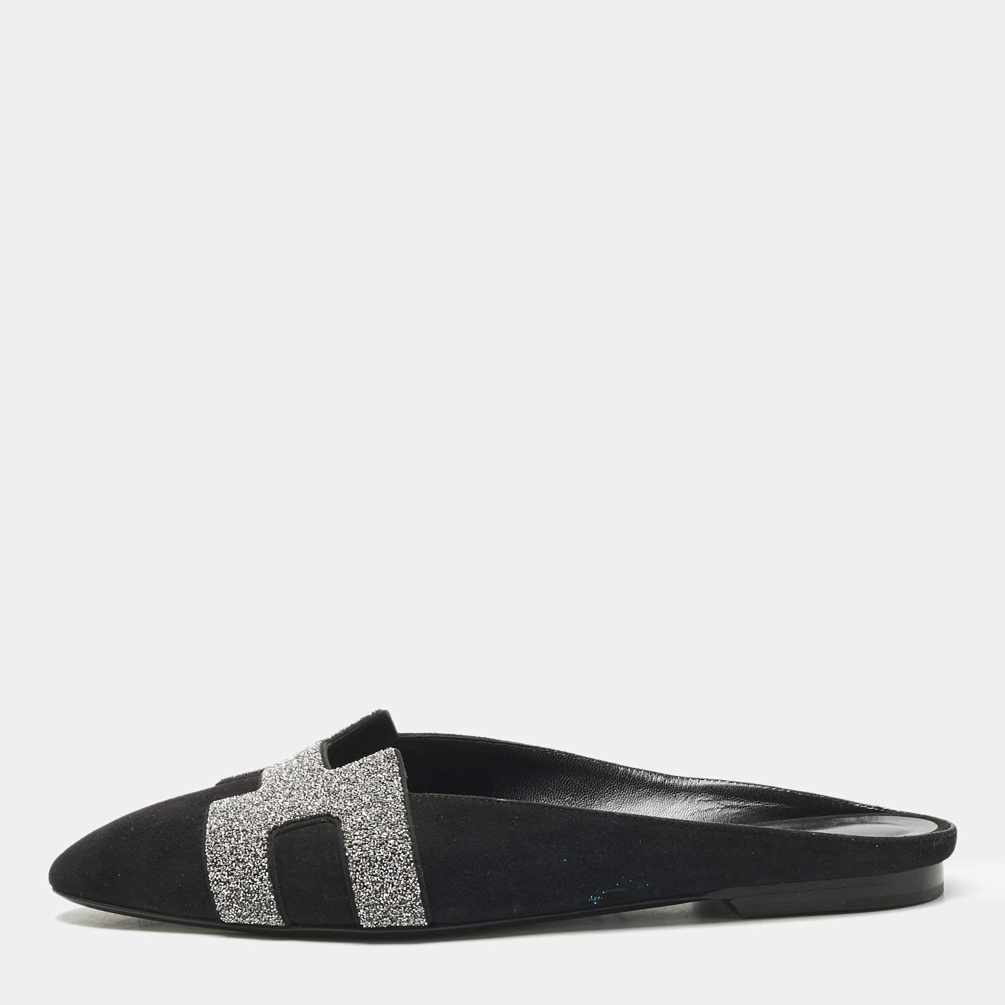 Pre Owned Hermes Black Suede Roxane  Mule Sandals Size 38