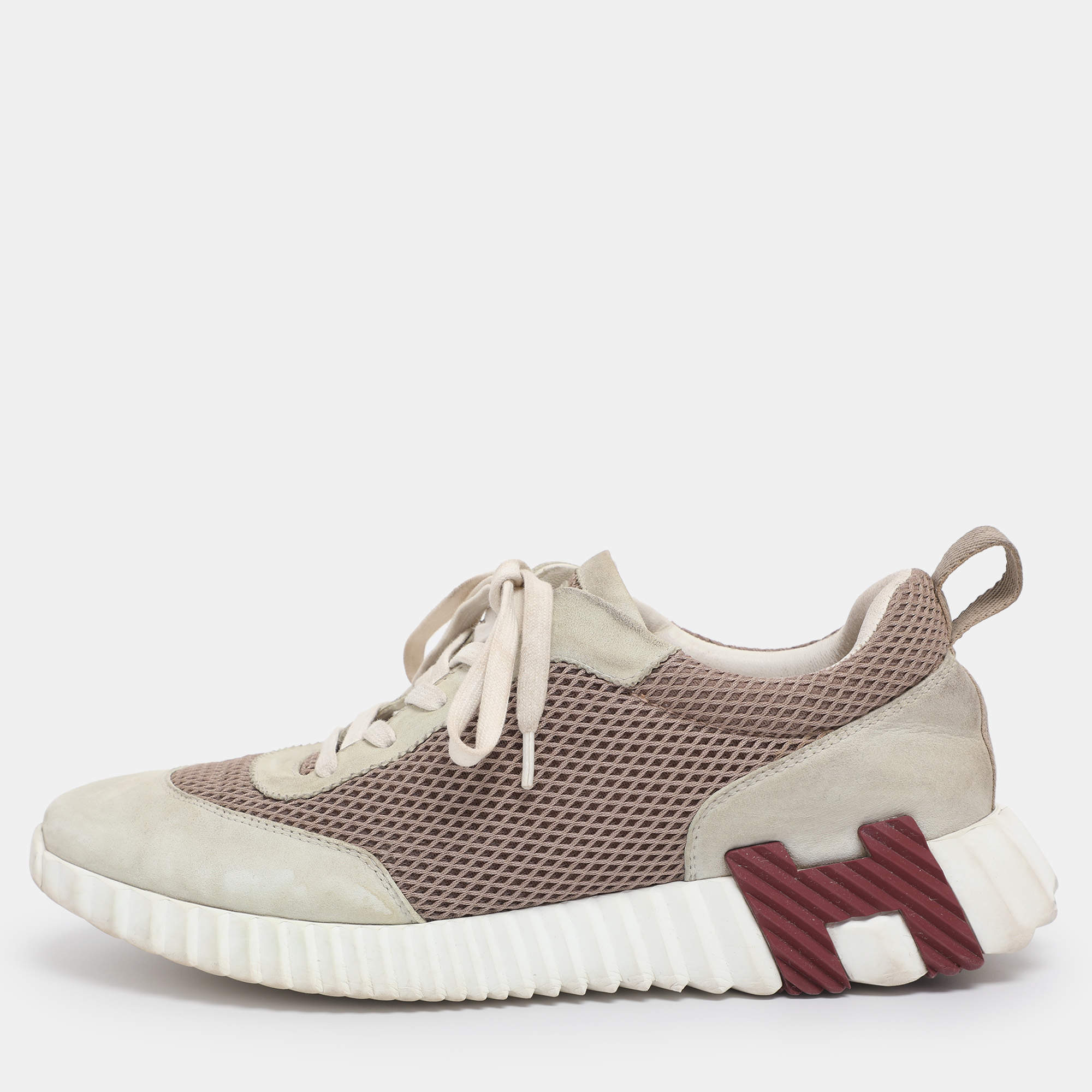 Pre Owned Hermes Grey/Beige Suede and Mesh Bouncing Sneakers Size 41