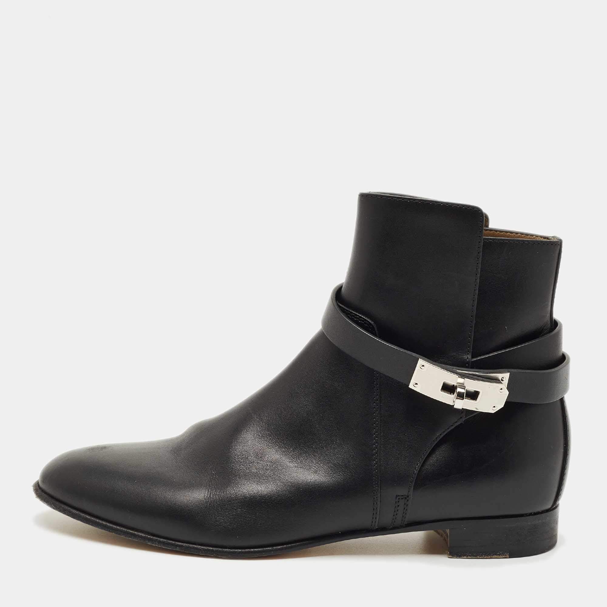 Pre Owned Hermès Black Leather Neo Ankle Boots Size 38.5