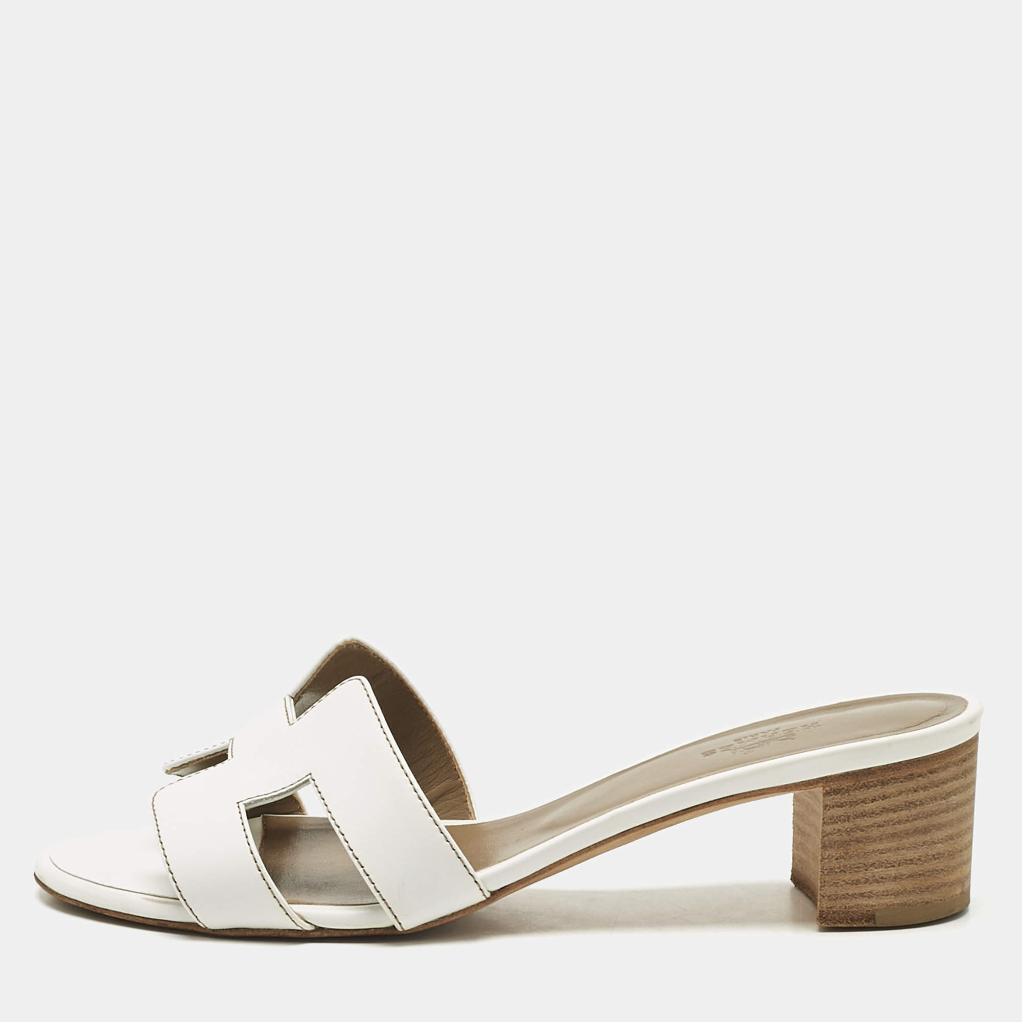 Pre Owned Hermes White Leather Oasis Slide Sandals Size 37
