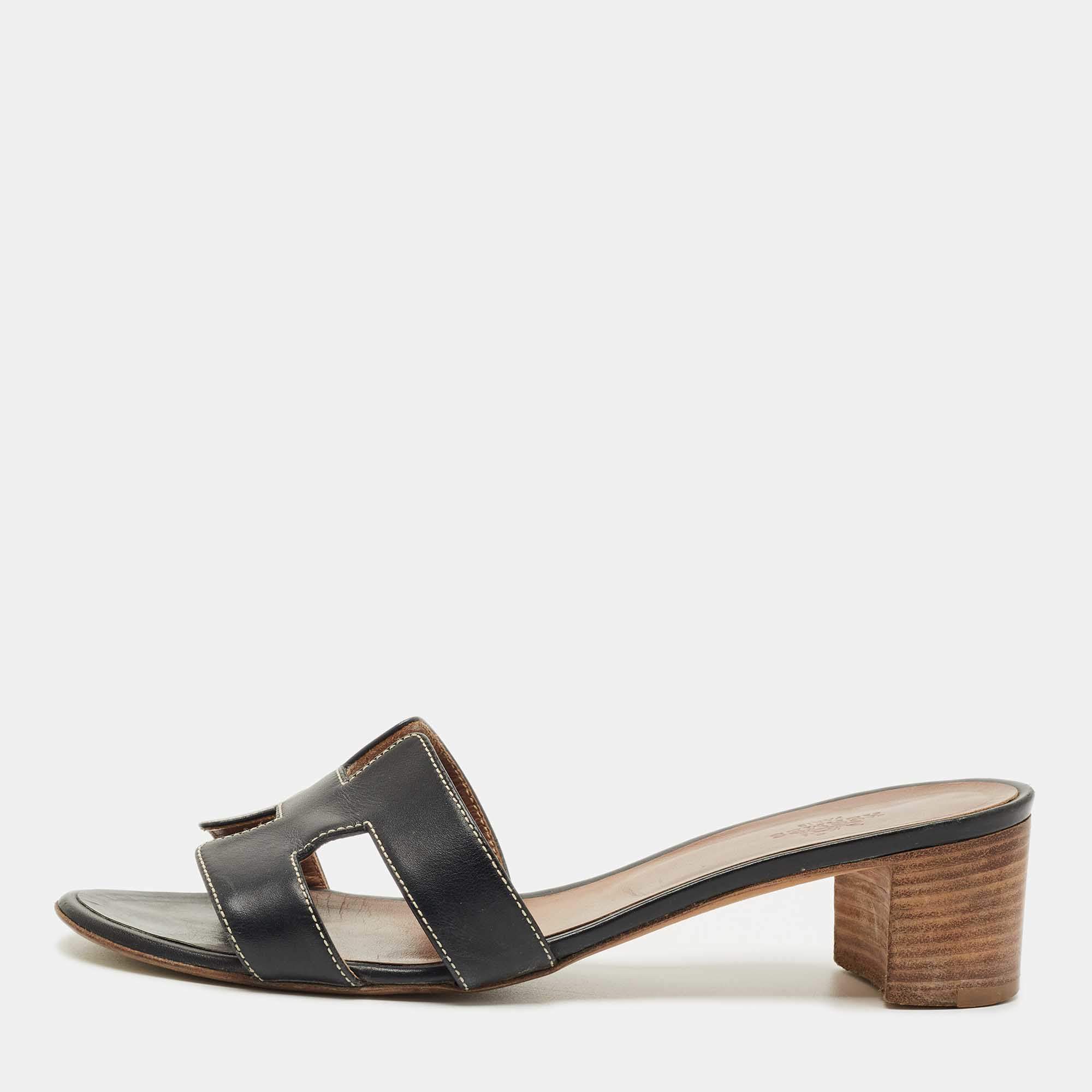 Pre Owned Hermes Black Leather Oasis Slide Sandals Size 38.5
