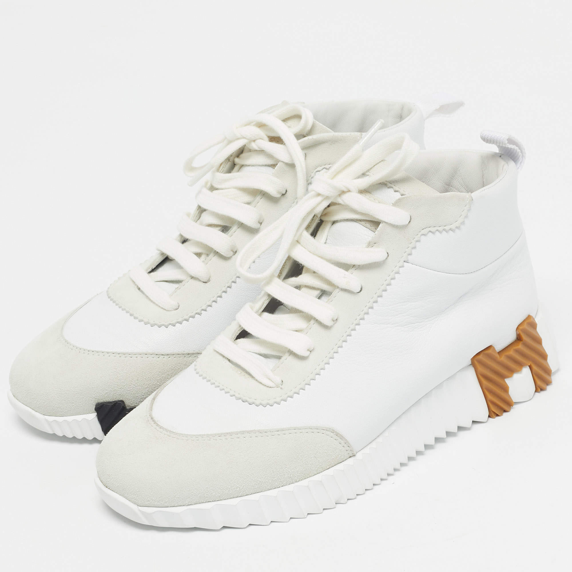 Hermes White/Grey Suede and Mesh Bouncing Sneakers Size 41