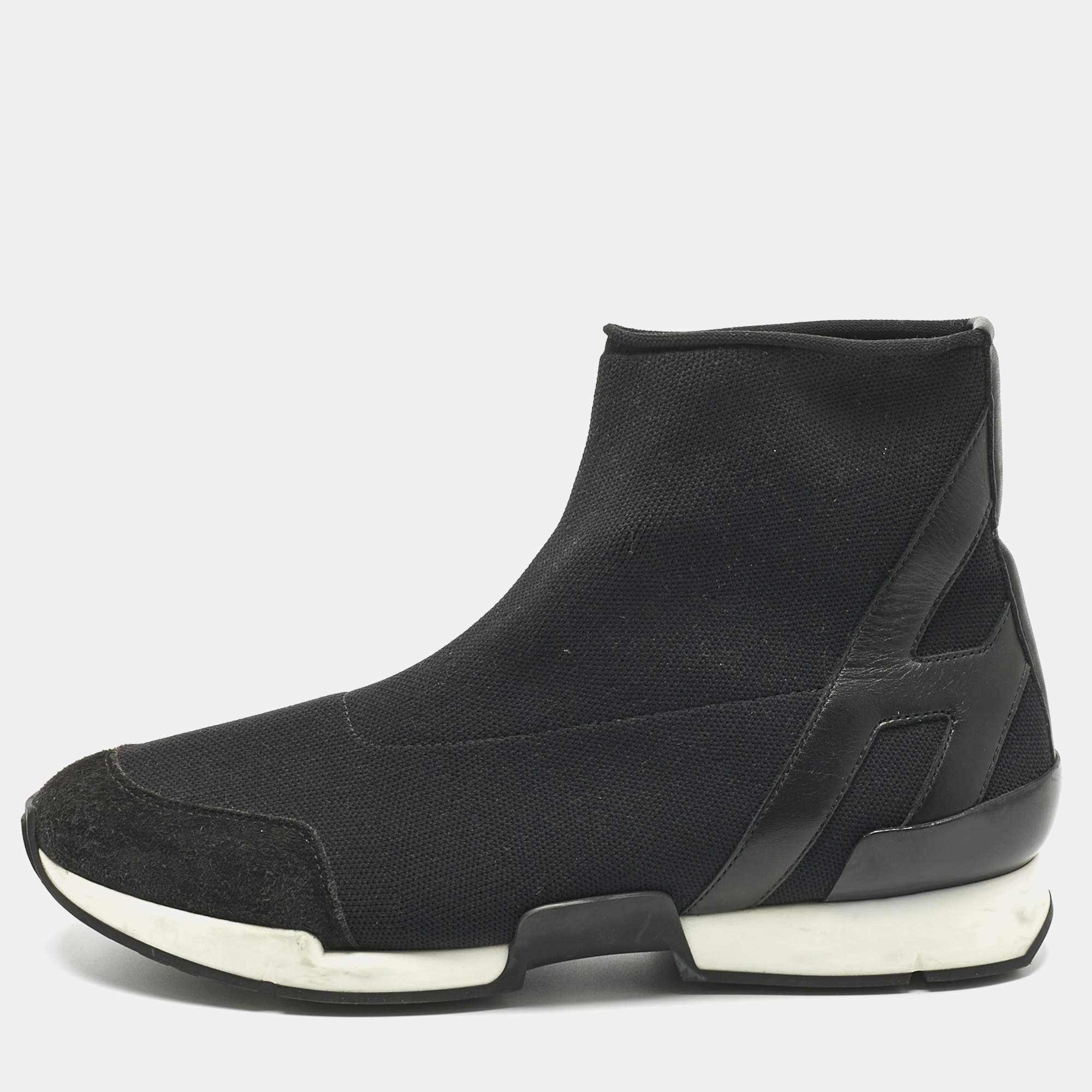 Pre Owned Hermes Black Knit Fabric and Leather Soft High Top Sneakers Size 36