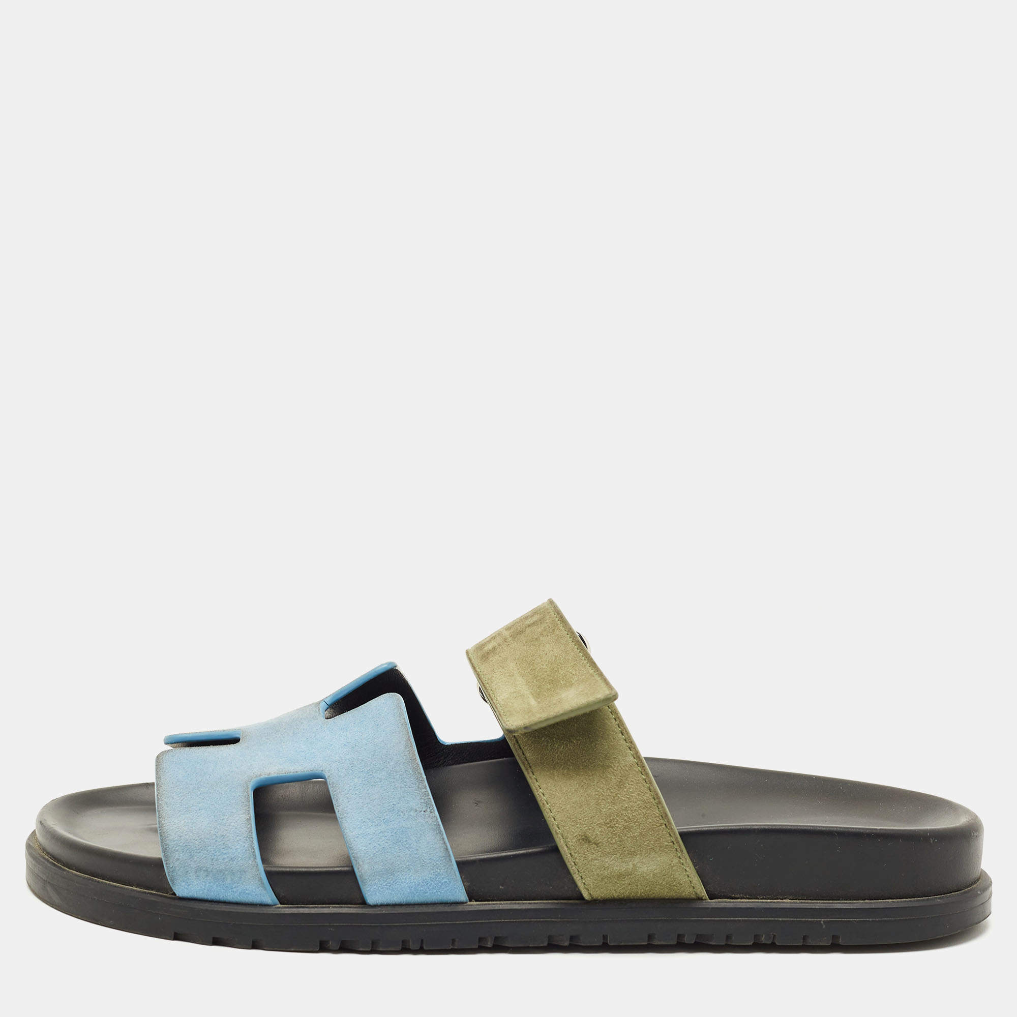 Pre Owned Hermes Blue/Green Suede Chypre Flat Sandals Size 40.5