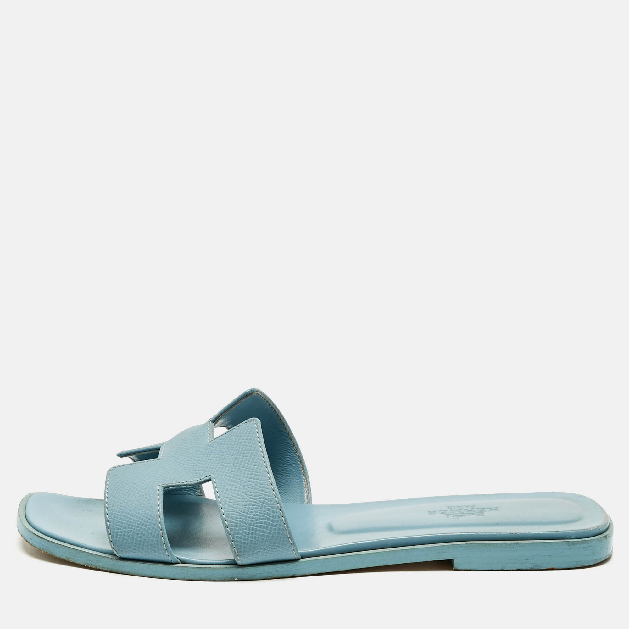 Pre Owned Hermes Blue Leather Oran Flat Slide Sandals Size 38