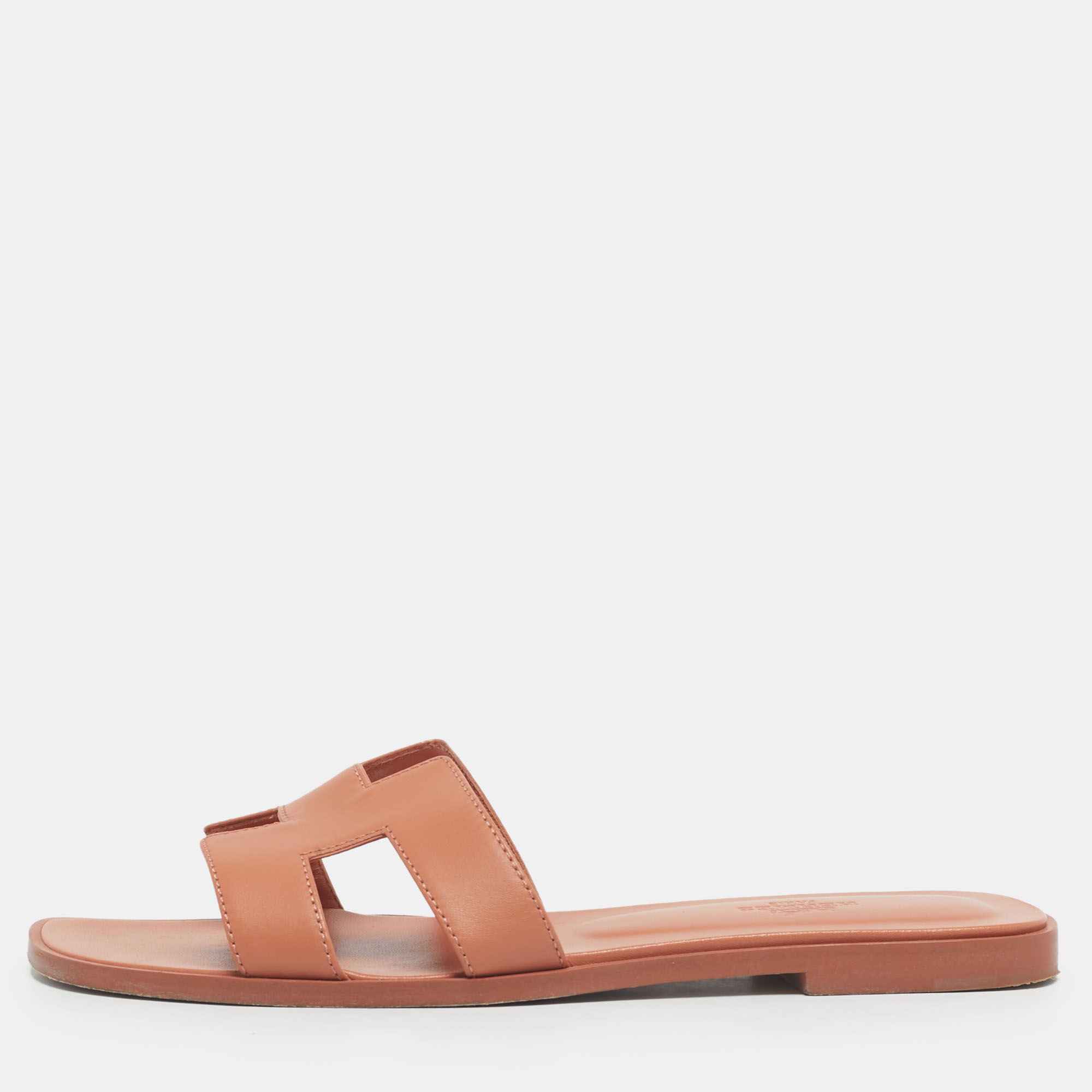 Pre Owned Hermes Orange Leather Oran Flat Slide Size 38.5