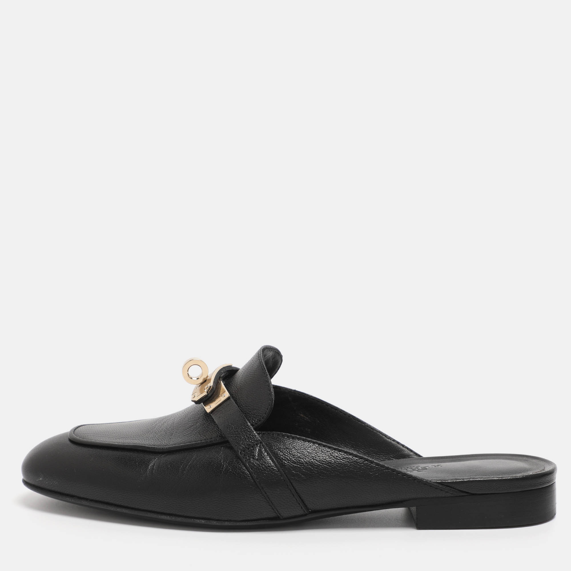 Pre Owned Hermes Black Leather Oz Mules Size 35