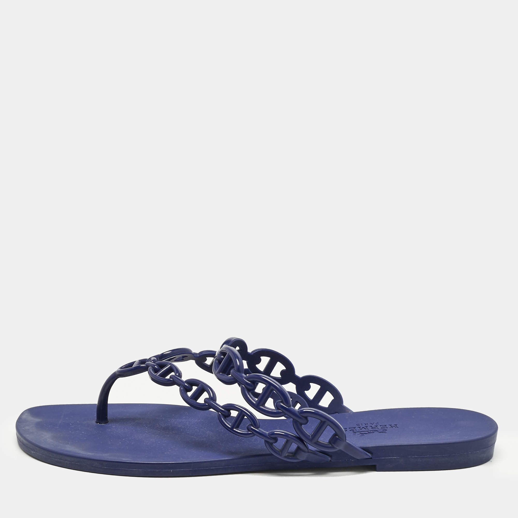 Pre Owned Hermes Navy Blue Rubber Island Flat Slides Size 39