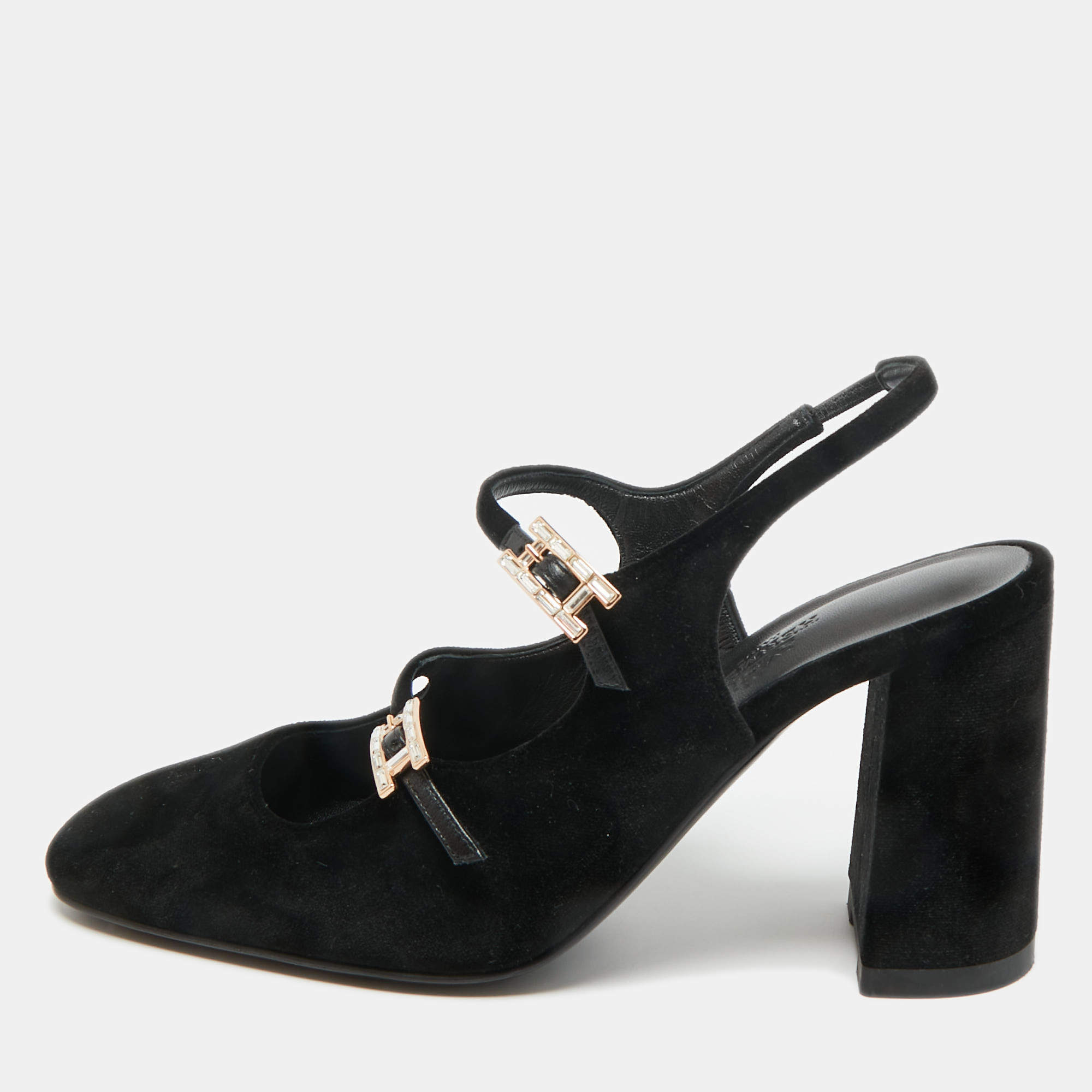 Pre Owned Hermes Black Velvet Jackie Slingback Pumps Size 37