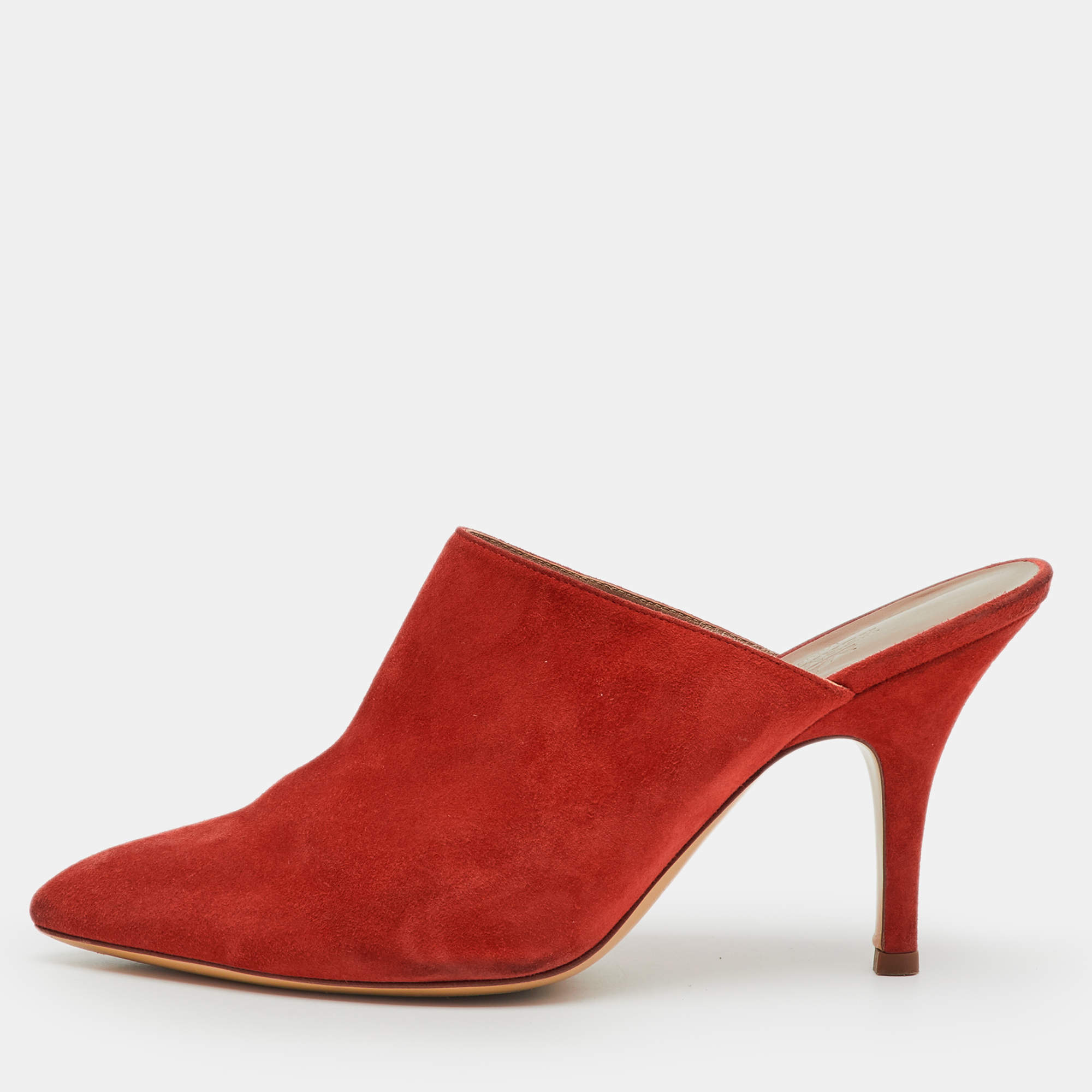 Pre Owned Hermes Orange Suede Pointed Toe Mules Size 37.5