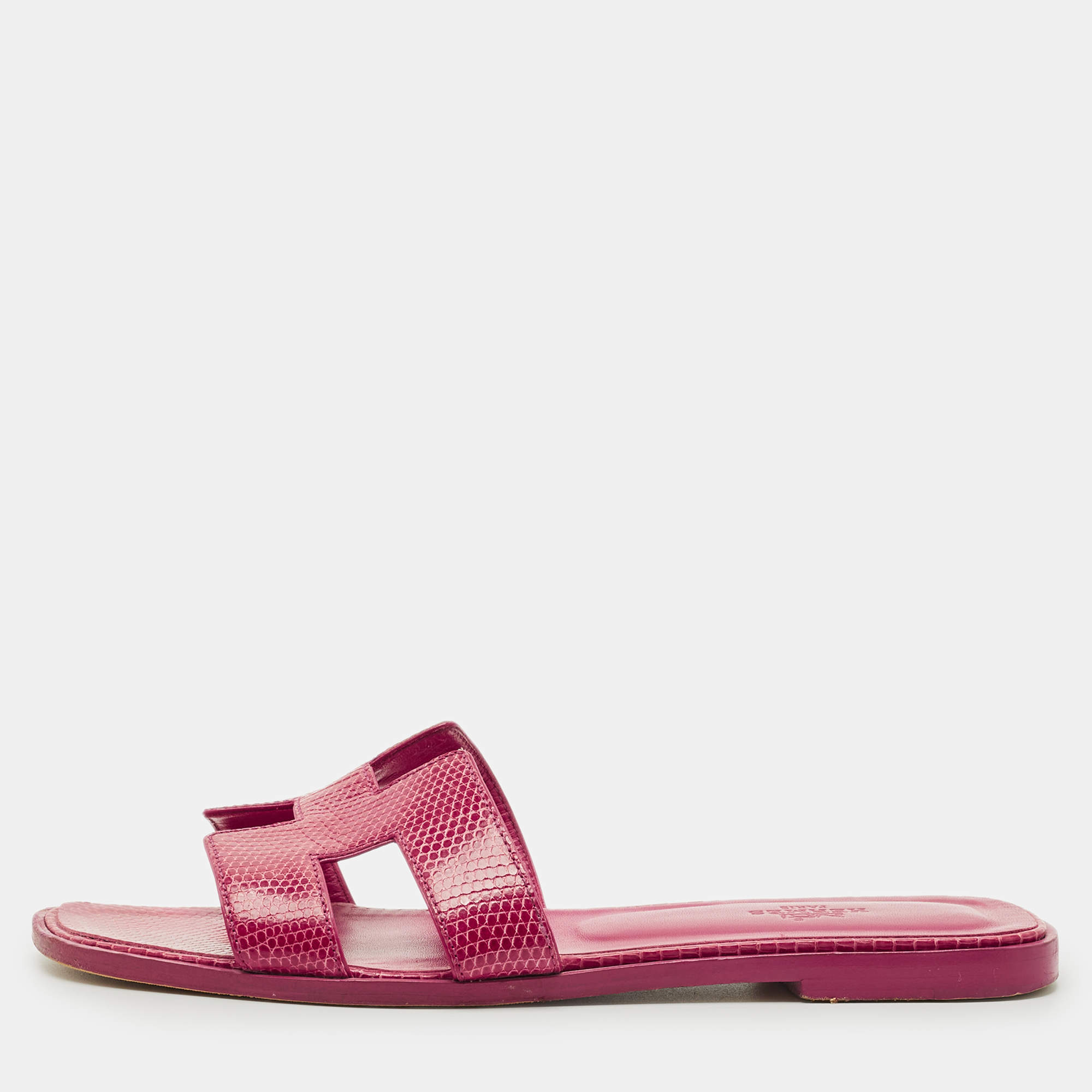 Pre Owned Hermes Pink Lizard Leather Oran Flat Sandals Size 37.5