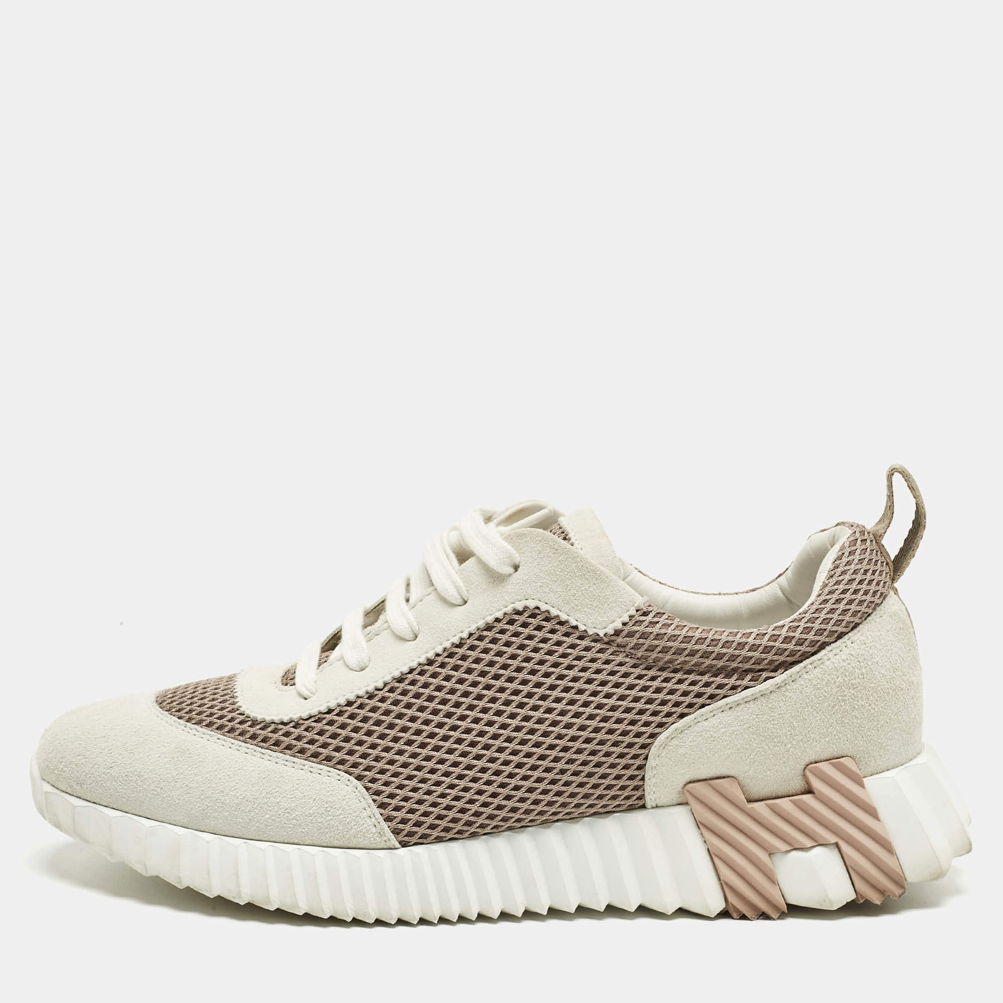 مملوكة مسبقًا Hermes Grey/Beige Suede and Mesh Bouncing Sneakers Size 41.5