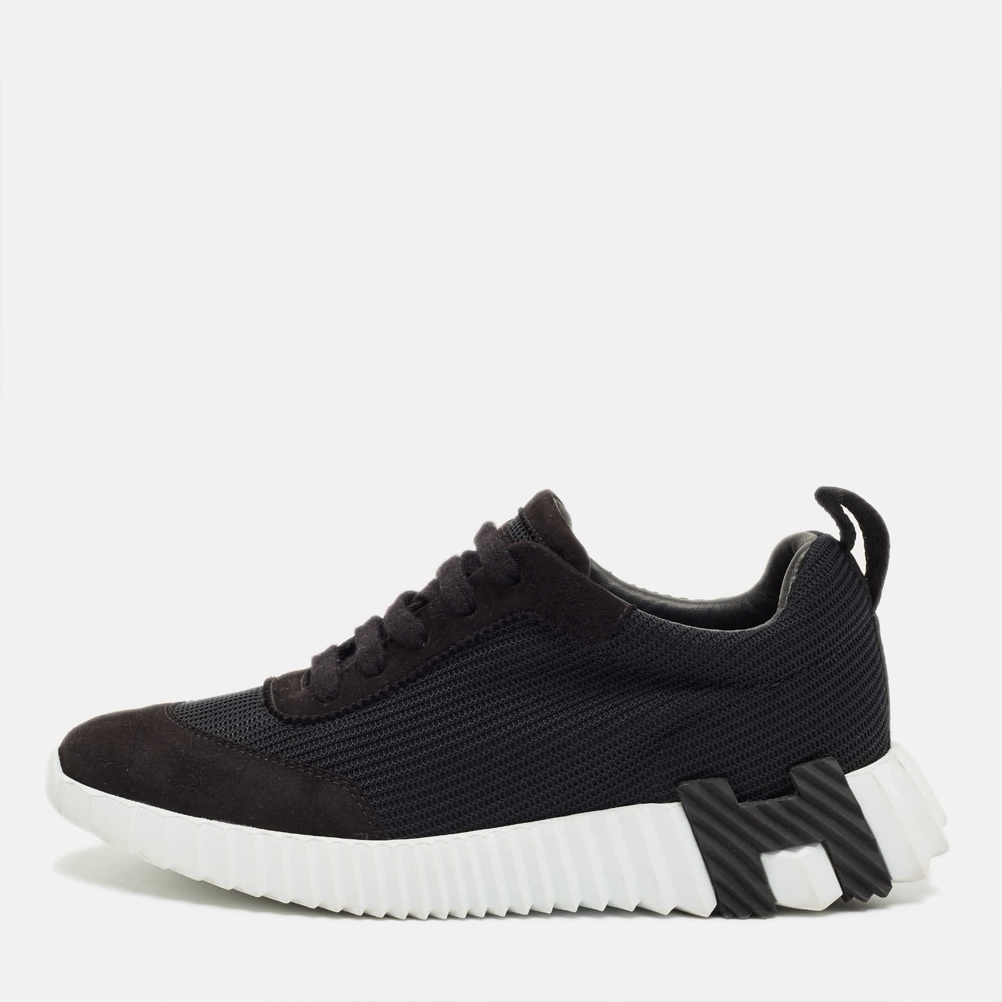 Pre Owned حذاء رياضي هيرمس باونسنج شبك وسويدي أسود منخفض من الأعلى مقاس 37