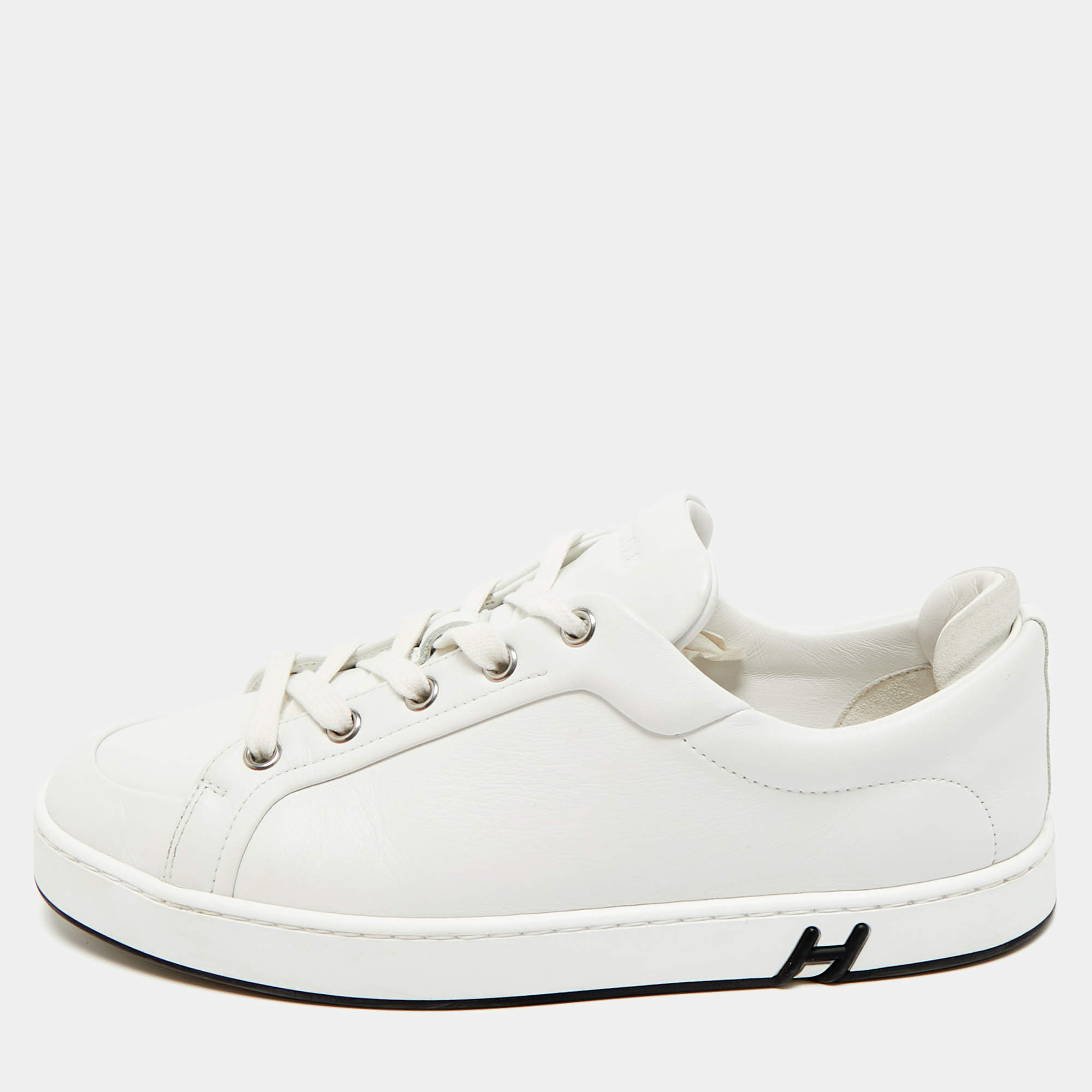 Pre Owned Hermès White Leather Kid Lace Up Sneakers Size 38
